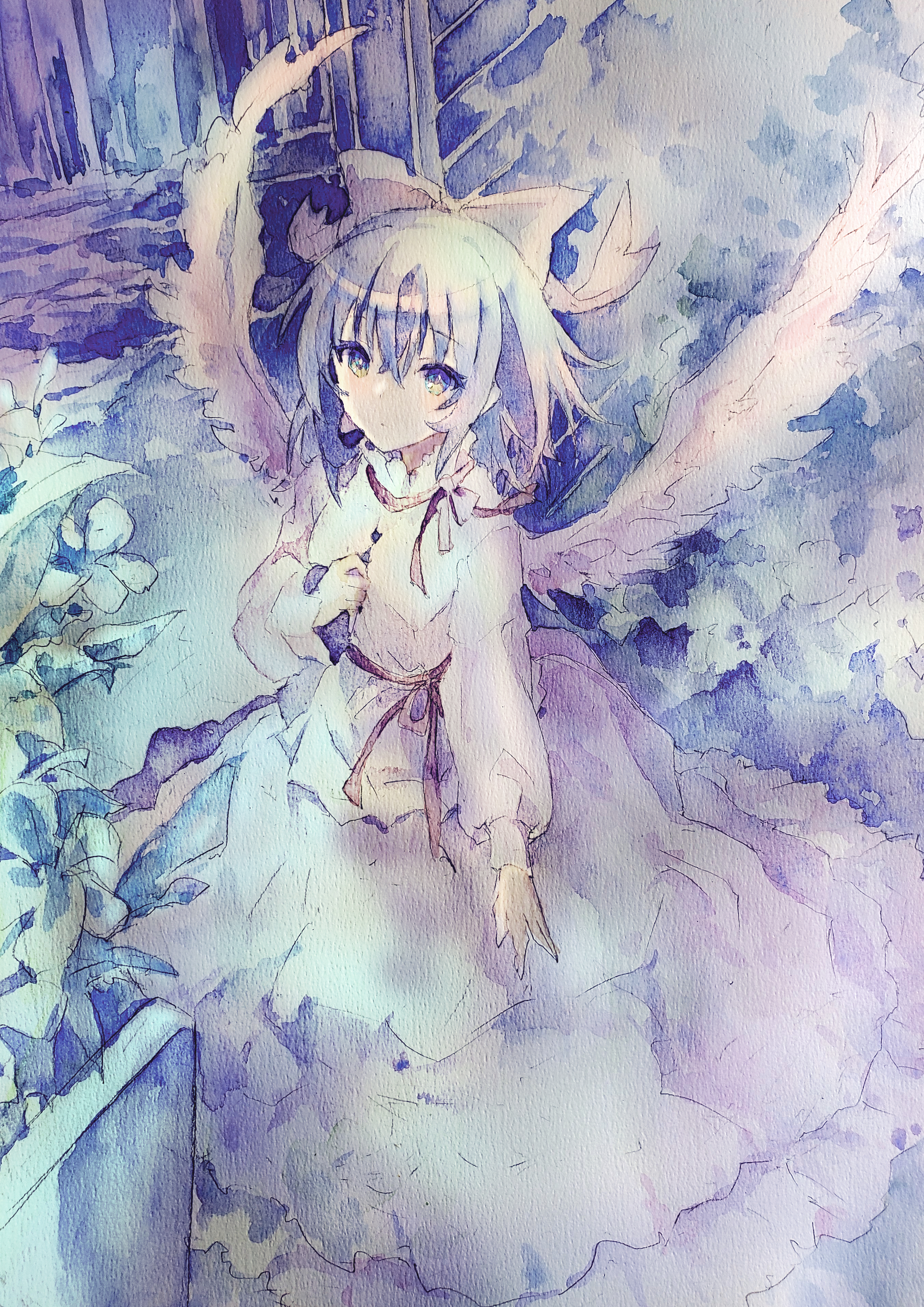 kamu kotan, mai (touhou), touhou, touhou (pc-98), absurdres, highres, painting (medium), traditional media, watercolor (medium), 1girl, angel wings, blue eyes, blue hair, blue theme, bow, closed mouth, dress, flower, hat, hat bow, long dress, long sleeves, solo, waist ribbon, white bow, white dress, wings