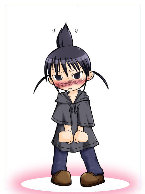 kamiya ogawa, ogiue chika, genshiken, framed, 00s, 1girl, blush, chibi, female focus, solo, topknot, white background