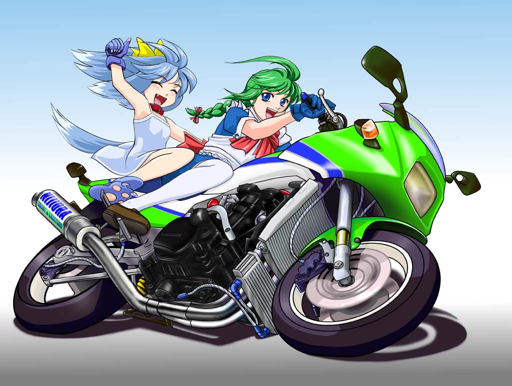 saba, inu-t, me-tan, saba (sio), os-tan, vehicle, white legwear, artist request, 2girls, ahoge, animal ears, blue eyes, braid, closed eyes, collar, dress, fang, gloves, gradient background, green hair, happy, loafers, looking at viewer, maid, motor vehicle, motorcycle, multiple girls, shoes, short dress, simple background, smile, tail, thighhighs