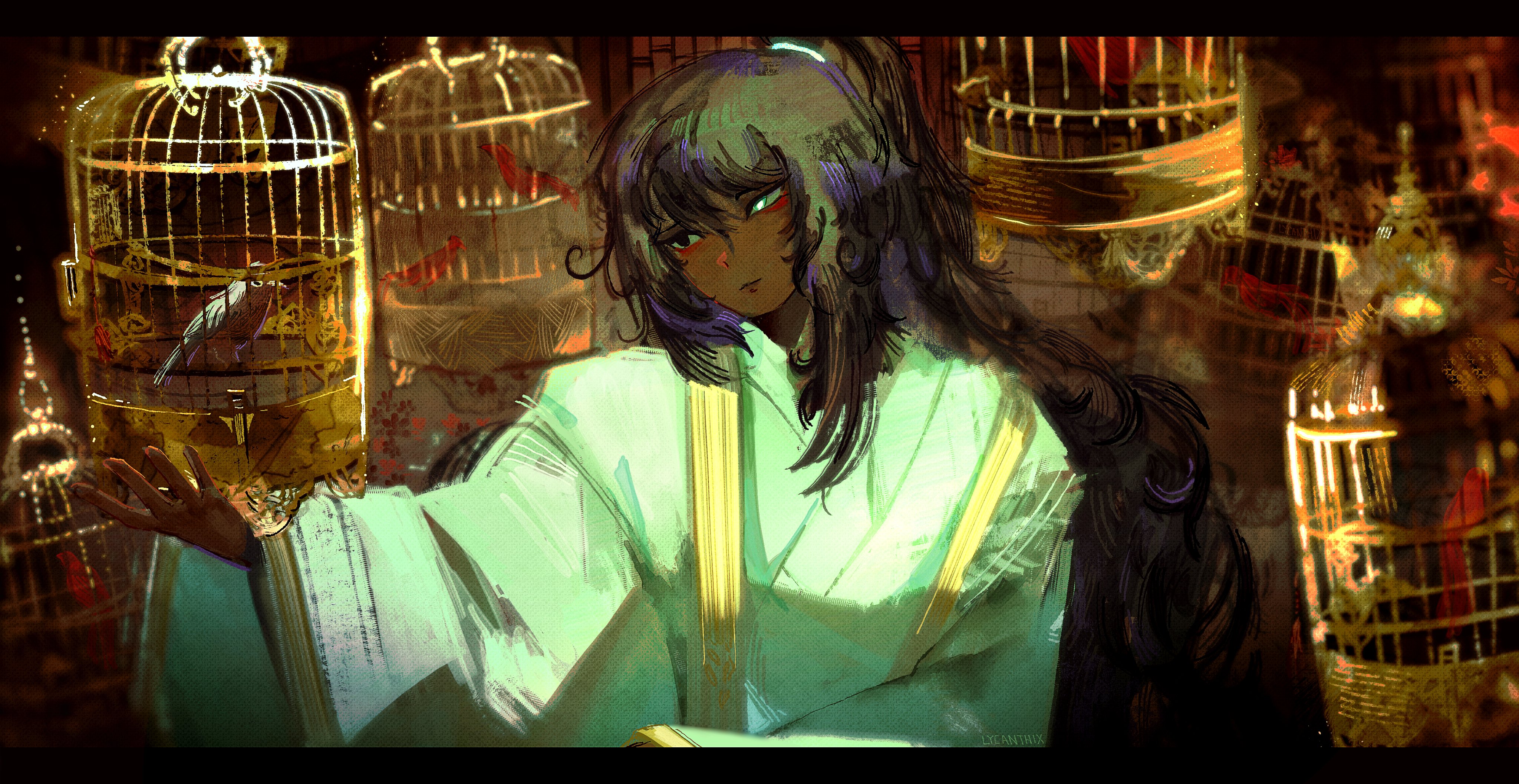 lycanthix, hong lu (project moon), limbus company, project moon, absurdres, highres, 1boy, alternate skin color, bird, birdcage, black border, black eyes, black hair, blue eyes, border, brown background, cage, chinese clothes, hanfu, heterochromia, high ponytail, long hair, long sleeves, looking at animal, male focus, ponytail, sash, simple background, solo, standing, upper body, white hanfu, yellow sash