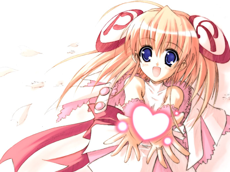 shingo (missing link), rizel, rizelmine, 1girl, :d, ahoge, blonde hair, blue eyes, female focus, heart, open mouth, short hair, smile, solo