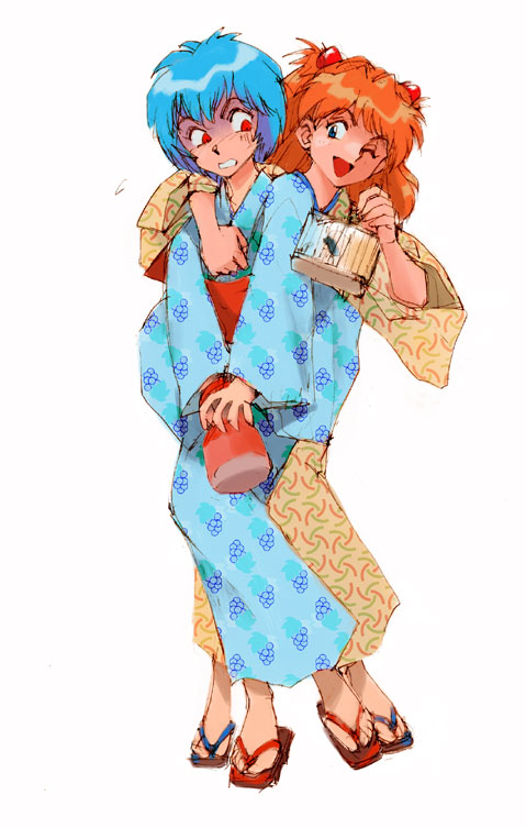 shibata masahiro, ayanami rei, souryuu asuka langley, neon genesis evangelion, 2girls, blue eyes, blue hair, japanese clothes, kimono, multiple girls, orange hair, red eyes, red hair, simple background, white background, yukata