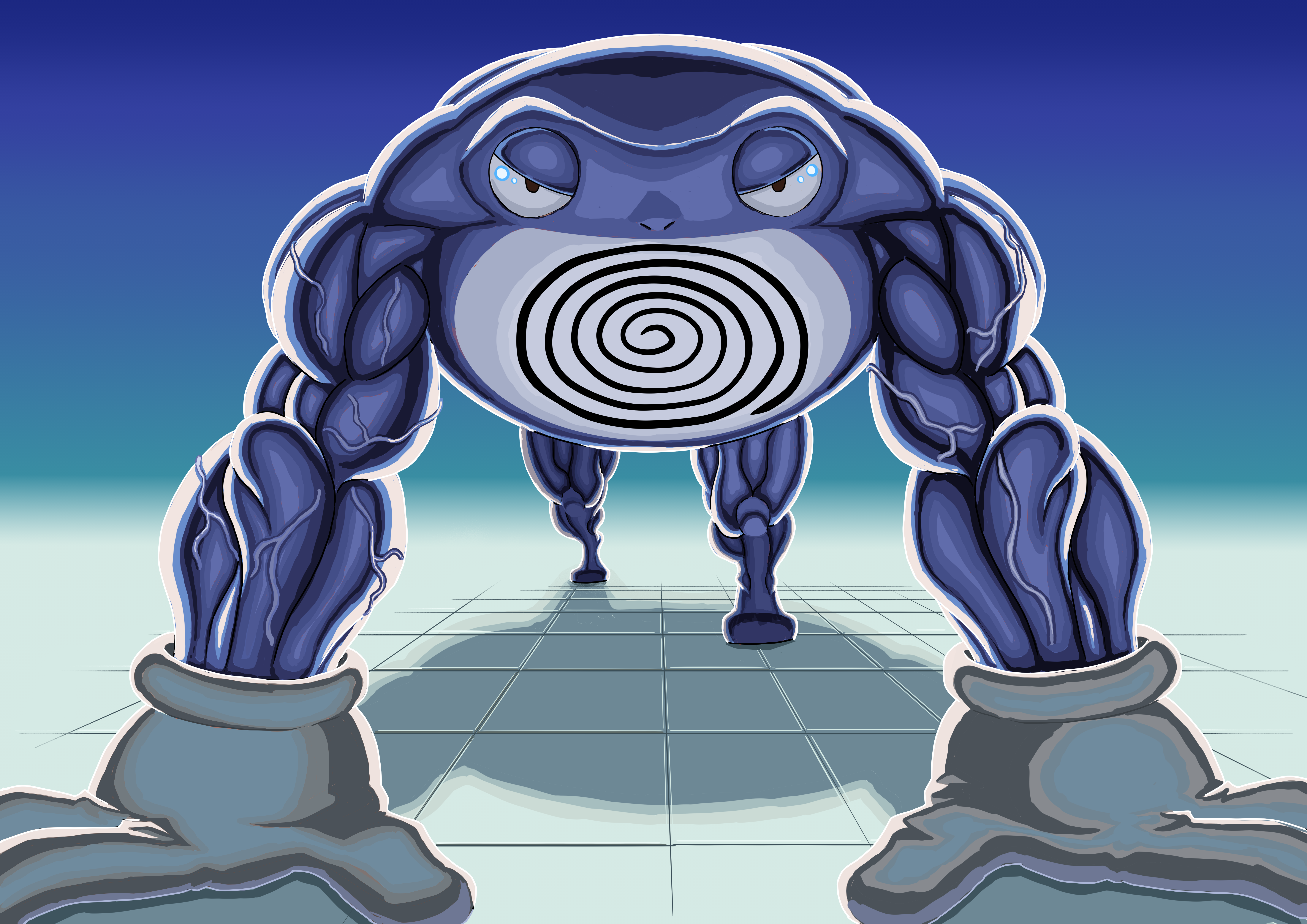 x hirofumi illustrations, poliwrath, nintendo, pokemon, absurdres, highres, gen 1 pokemon, gloves, looking at viewer, muscular, solo, tile floor, tiles, veins, veiny arms, white gloves