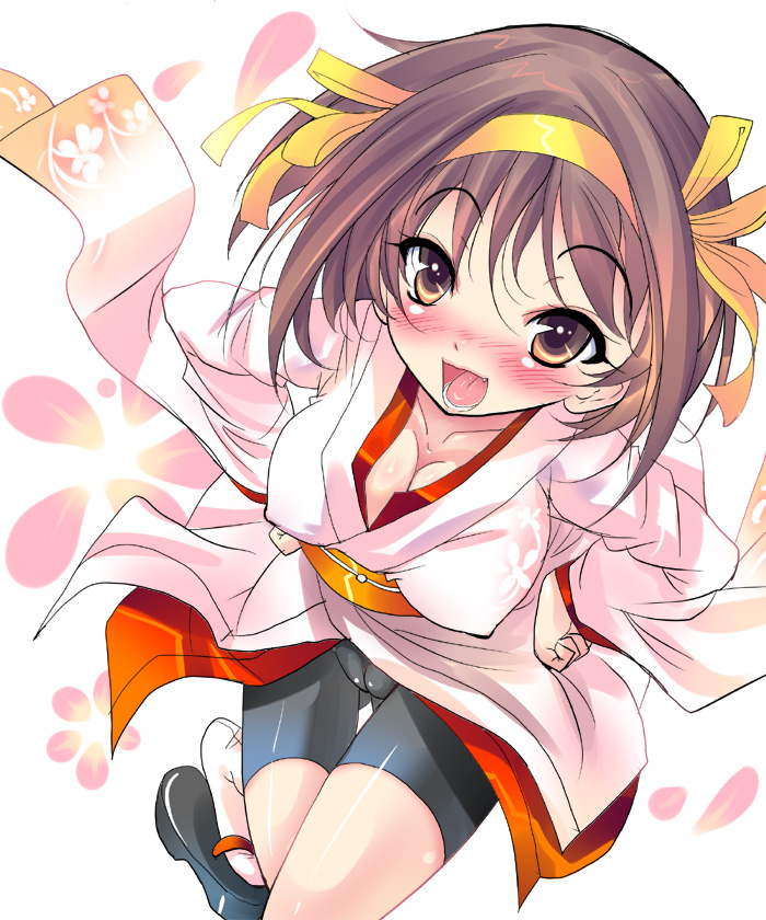 shiranagi, suzumiya haruhi, suzumiya haruhi no yuuutsu, 00s, 1girl, blush, breasts, brown eyes, brown hair, cameltoe, cleavage, fang, female focus, hair ribbon, japanese clothes, large breasts, open mouth, ribbon, short hair, solo