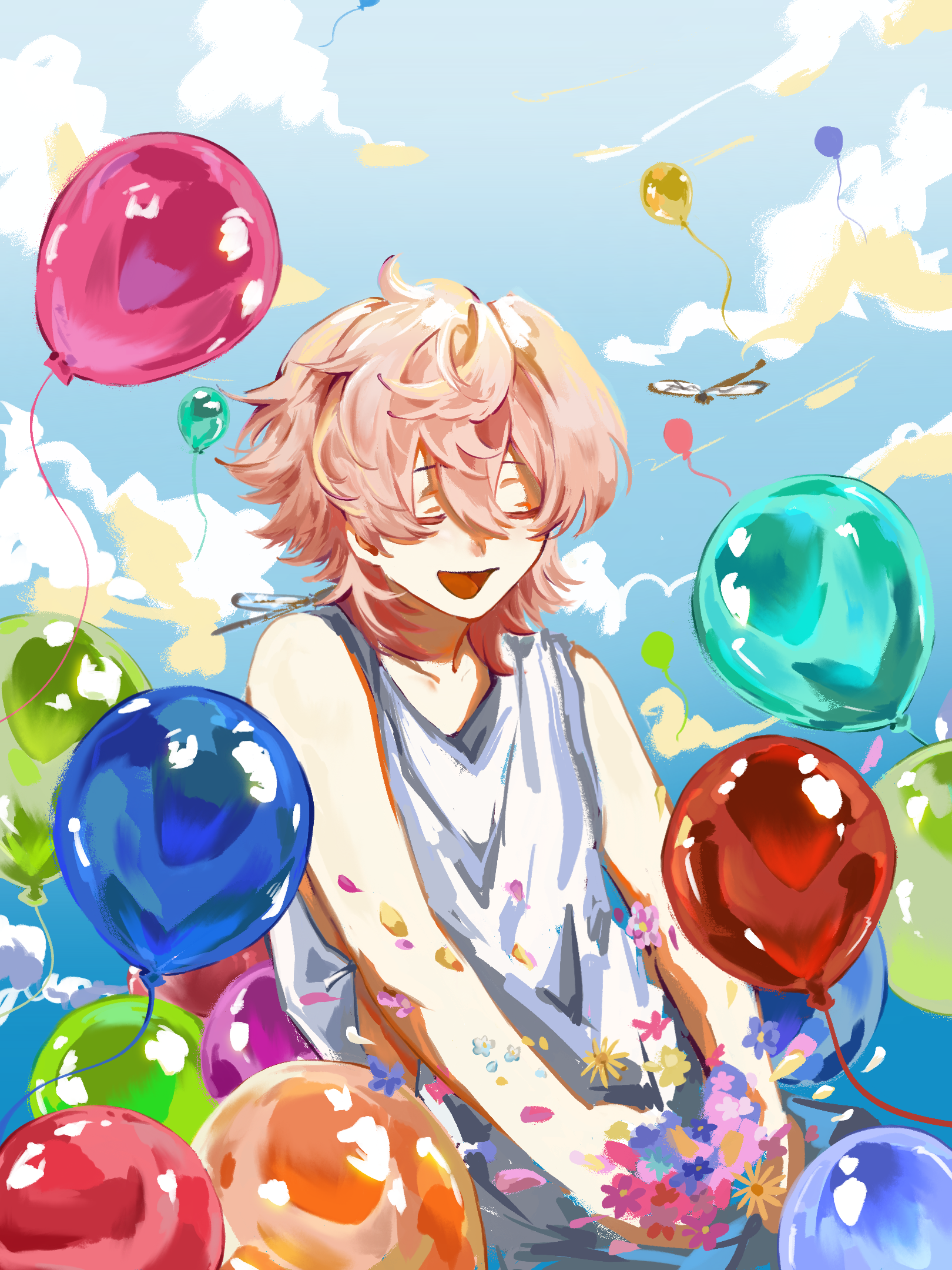 rokuta (paradox live), paradox live, fluffy hair, highres, 1boy, balloon, blush, bucket, bug, closed mouth, cloud, cloudy sky, colored eyelashes, dragonfly, flower, hair between eyes, hair intakes, holding, insect, jiangduming, open mouth, orange hair, petals, pink hair, scenery, shirt, short hair, sky, smile, solo, tunic