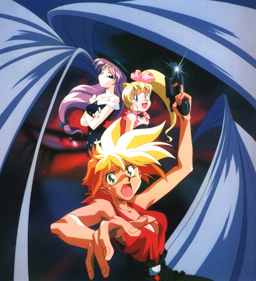 kei (dirty pair), kei (dirty pair flash), yuri (dirty pair), yuri (dirty pair flash), dirty pair, dirty pair flash, 1980s (style), official art, 1990s (style), 3girls, blonde hair, colored bangs, dark-skinned female, dark skin, gun, long hair, low-tied long hair, multiple girls, oldschool, retro artstyle, short hair, weapon