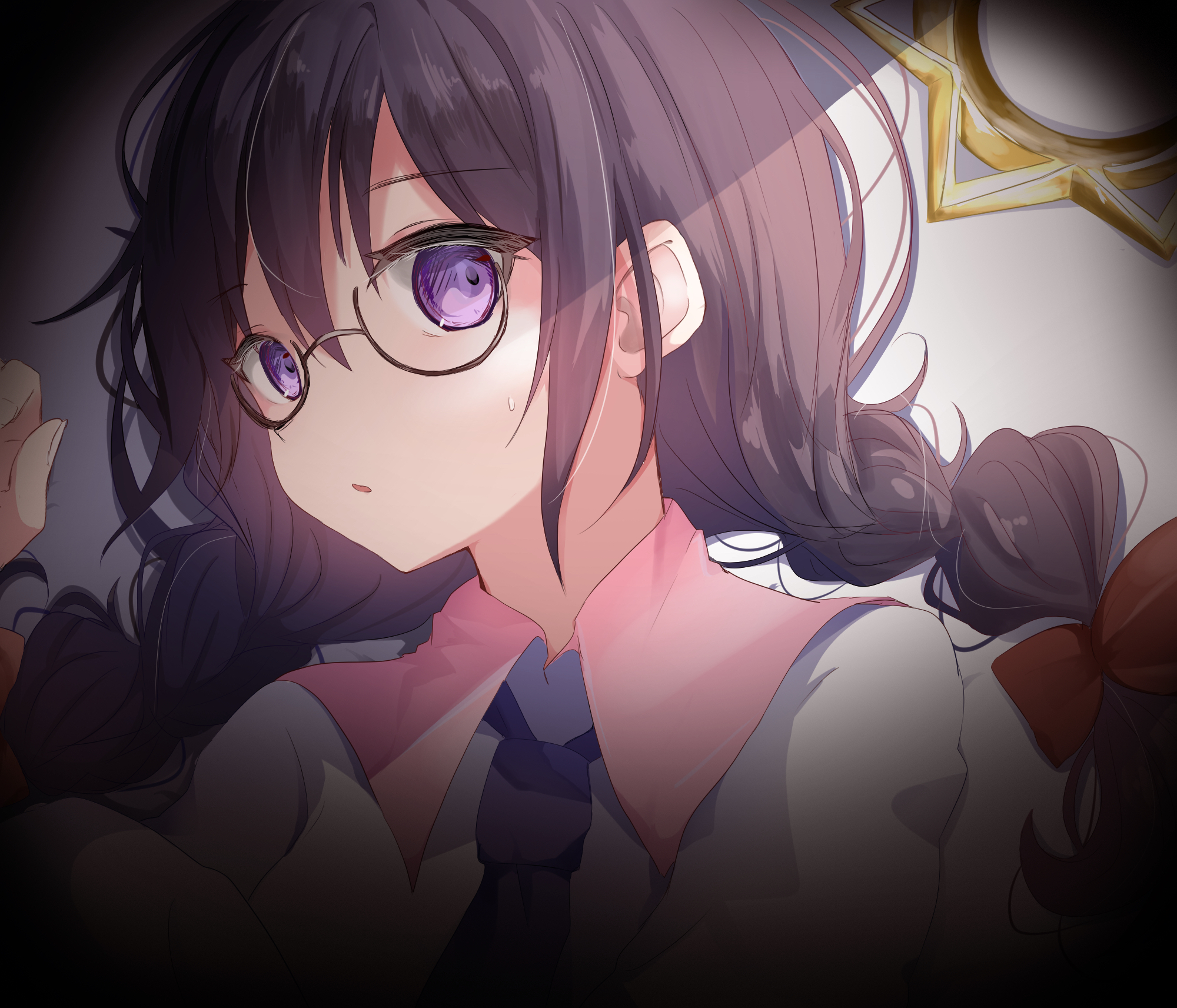 yoake (yoake 04), ripple star queen, kirby (series), kirby 64, nintendo, highres, 1girl, black hair, bow, braid, crown, glasses, hair bow, long hair, looking at viewer, low twin braids, parted lips, purple eyes, red bow, sweatdrop, twin braids, unworn crown