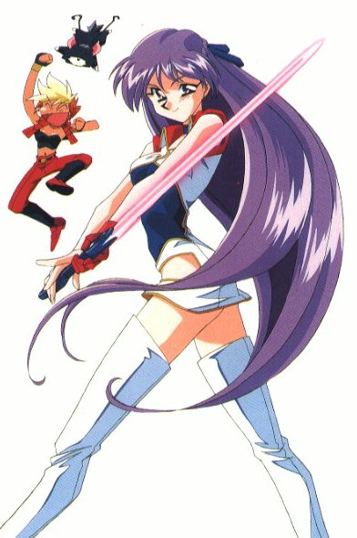 kei (dirty pair), kei (dirty pair flash), yuri (dirty pair), yuri (dirty pair flash), dirty pair, dirty pair flash, 1980s (style), official art, 1990s (style), 2girls, colored bangs, dark-skinned female, dark skin, energy sword, gun, long hair, multicolored hair, multiple girls, oldschool, orange hair, purple hair, retro artstyle, sword, thighhighs, weapon, white background
