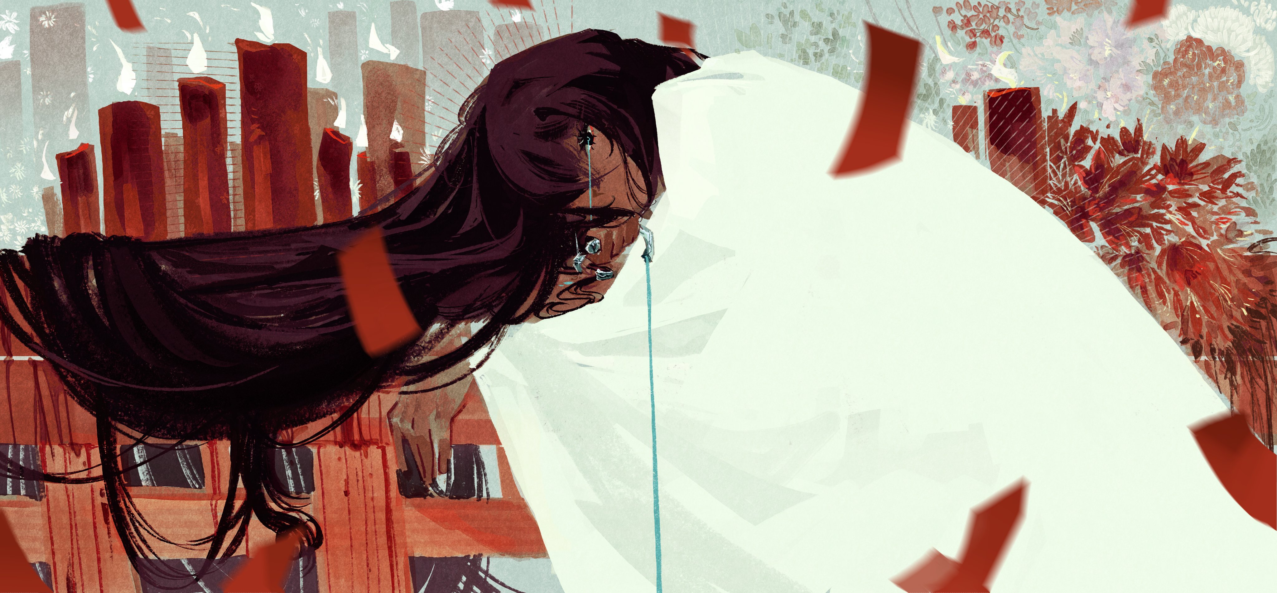 lycanthix, hong lu (project moon), limbus company, project moon, absurdres, highres, 1boy, alternate skin color, black eyes, black hair, blue eyes, blue gemstone, chinese clothes, confetti, crying, crying with eyes open, dark-skinned male, dark skin, flower, gem, grey background, hair down, hanfu, heterochromia, long hair, long sleeves, looking at viewer, male focus, red flower, simple background, solo, tears, upper body, white hanfu