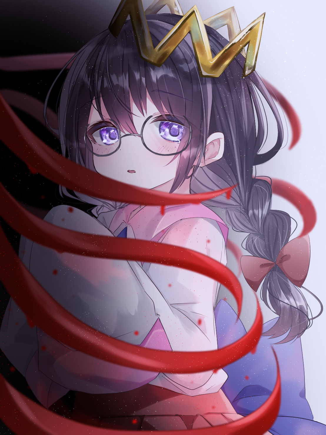 yoake (yoake 04), ripple star queen, zero two (kirby), kirby (series), kirby 64, nintendo, highres, 1girl, back bow, black hair, blood, bow, braid, glasses, hair bow, long hair, looking at viewer, low twin braids, purple eyes, red bow, tentacles, twin braids