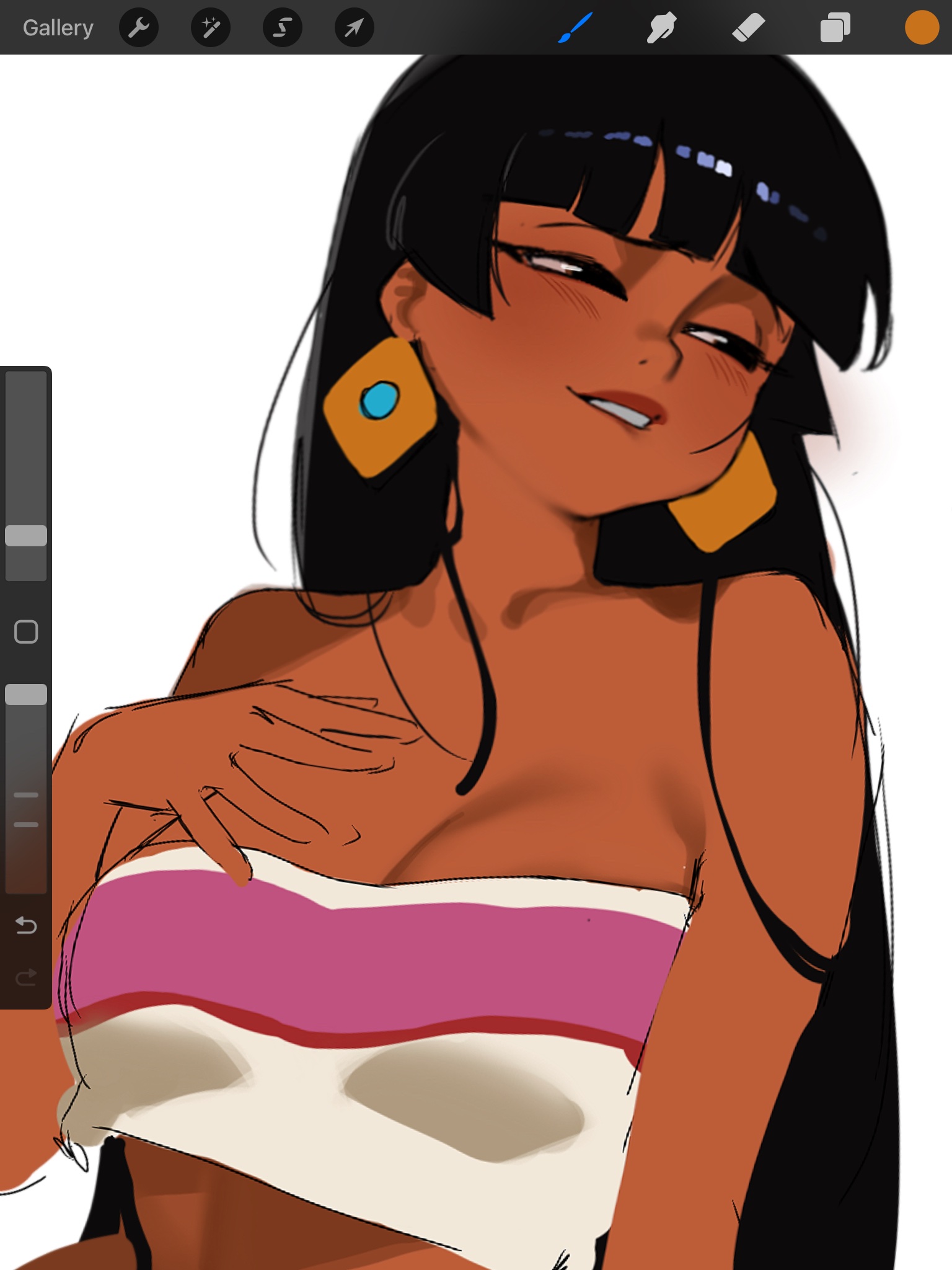 fruitcrunchi, chel (el dorado), the road to el dorado, commentary, english commentary, highres, 1girl, biting own lip, black hair, blunt bangs, breasts, brown lips, cleavage, dark-skinned female, dark skin, earrings, hand on own chest, hime cut, jewelry, looking to the side, pink tube top, raised eyebrow, simple background, solo, strapless, tube top, two-tone tube top, upper body, white background