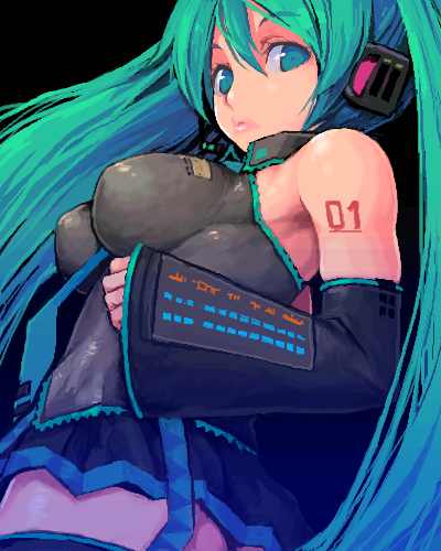 shigatake, hatsune miku, vocaloid, lowres, 1girl, aqua eyes, aqua hair, armpits, breasts, detached sleeves, female focus, headphones, large breasts, long hair, necktie, oekaki, simple background, solo, thighhighs, twintails, very long hair