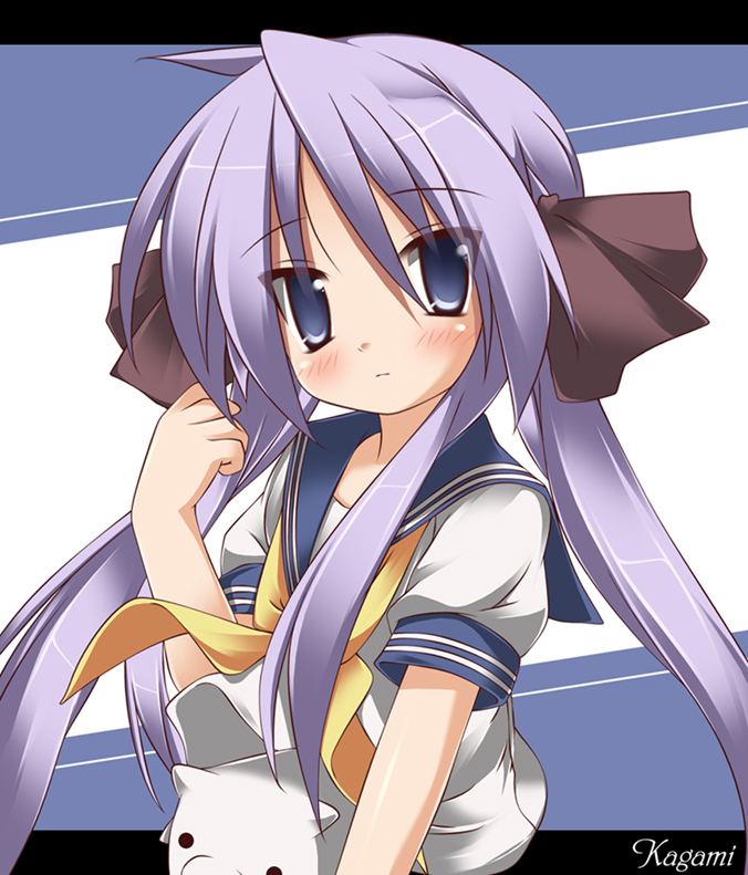 shin'ya natsuki, hiiragi kagami, lucky star, 00s, 1girl, blush, female focus, long hair, purple eyes, purple hair, ribbon, school uniform, serafuku, solo, twintails