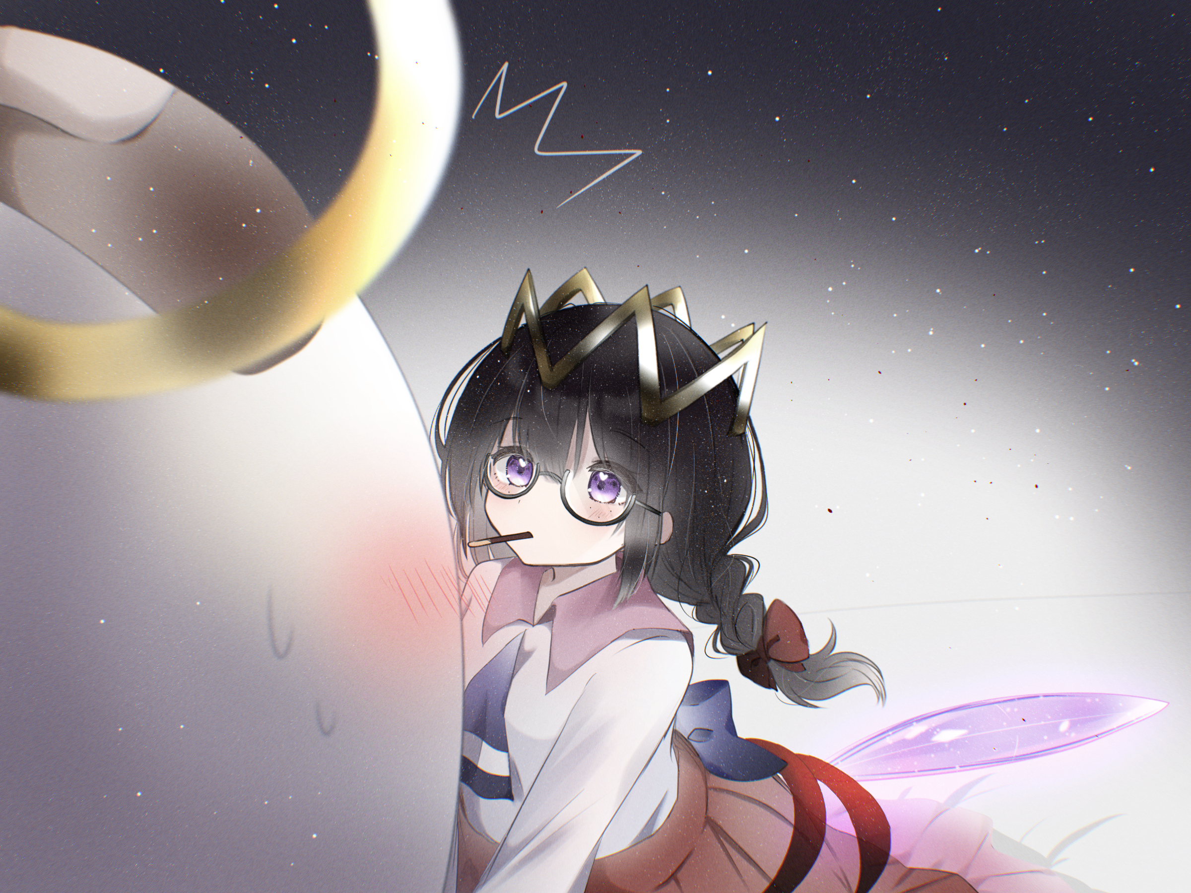 yoake (yoake 04), ripple star queen, zero two (kirby), kirby (series), kirby 64, nintendo, highres, 1girl, bandaid, black hair, blush, bow, crown, fairy, fairy wings, food, food in mouth, glasses, hair bow, halo, long hair, pocky, pocky in mouth, purple eyes, red bow, sweatdrop, wings