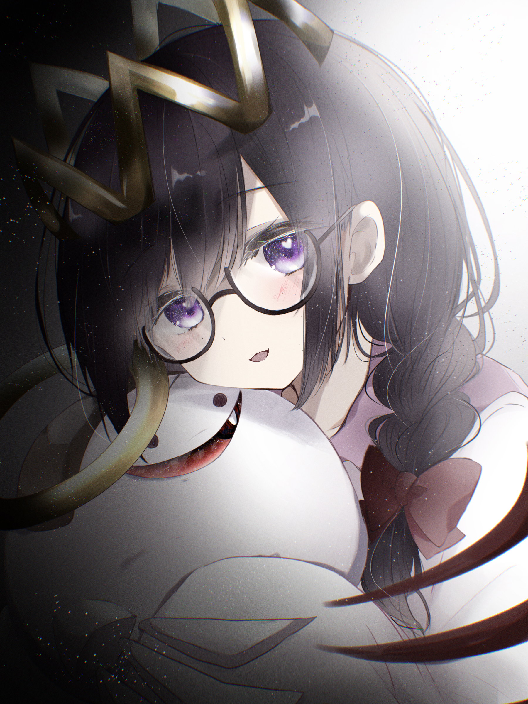 yoake (yoake 04), ripple star queen, zero two (kirby), kirby (series), kirby 64, nintendo, absurdres, highres, 1girl, black hair, blush, bow, braid, crown, glasses, hair bow, halo, heart, heart in eye, long hair, looking at viewer, low twin braids, one-eyed, purple eyes, red bow, red eyes, symbol in eye, twin braids