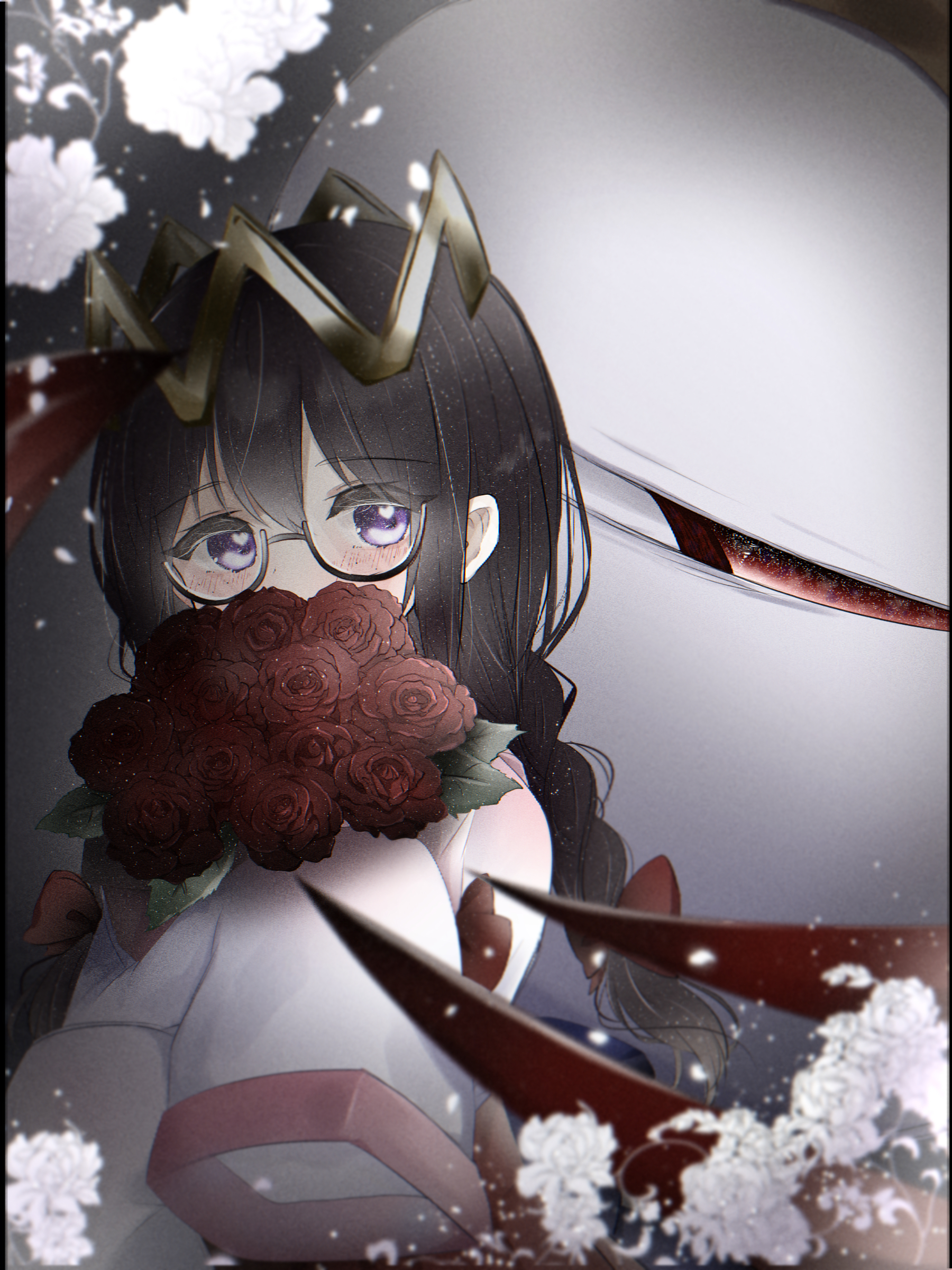 yoake (yoake 04), ripple star queen, zero two (kirby), kirby (series), kirby 64, nintendo, absurdres, highres, 1girl, black hair, blush, flower, heart, heart in eye, long hair, one-eyed, purple eyes, red eyes, red flower, red rose, rose, sleeves past fingers, sleeves past wrists, symbol in eye