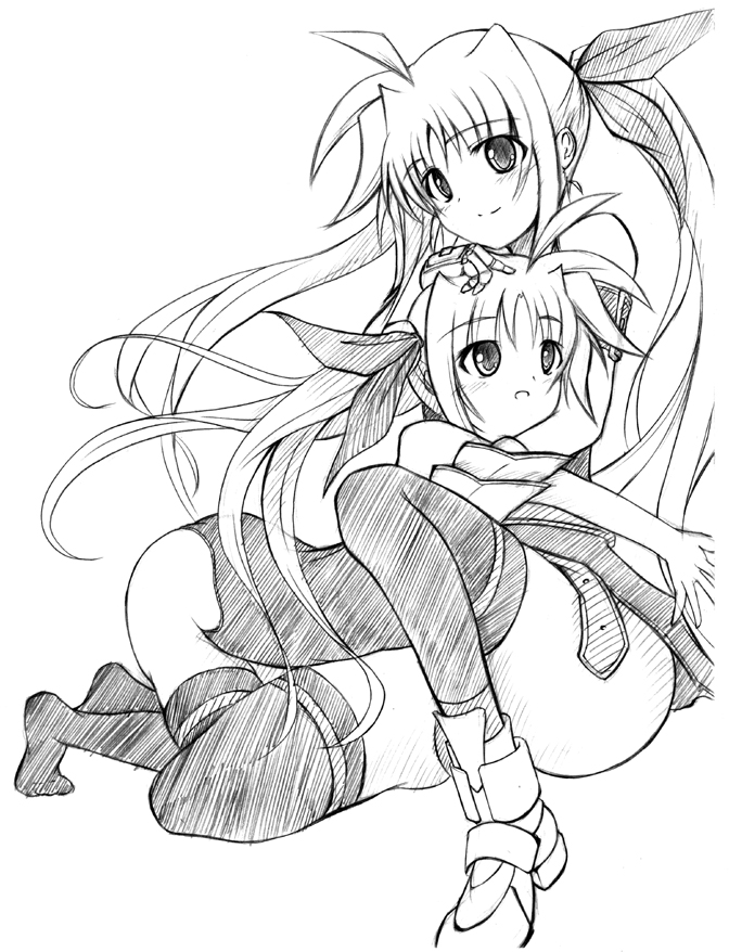 kunon, fate testarossa, lyrical nanoha, mahou shoujo lyrical nanoha, mahou shoujo lyrical nanoha strikers, 00s, dual persona, greyscale, monochrome, sketch, thighhighs, time paradox