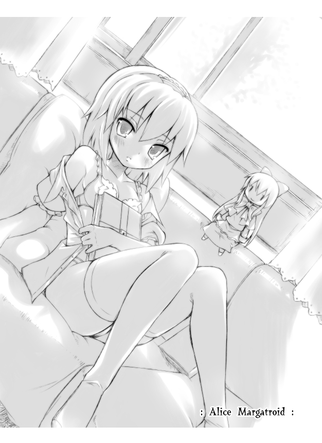 aida takanobu, alice margatroid, shanghai doll, touhou, 1girl, bare shoulders, book, bra, couch, doll, dutch angle, female focus, greyscale, lingerie, monochrome, off shoulder, open clothes, open shirt, petite, shirt, solo, thighhighs, underwear, undressing