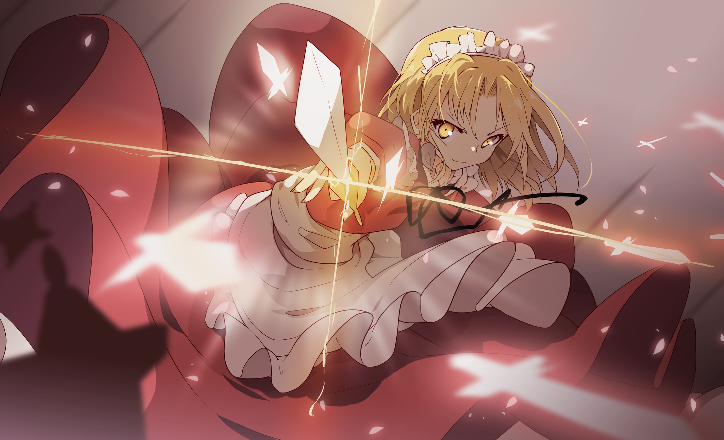 itsutsuki, yumeko (touhou), touhou, touhou (pc-98), highres, 1girl, apron, black ribbon, blonde hair, blurry, closed mouth, depth of field, dress, energy sword, holding, holding sword, holding weapon, long dress, maid, maid apron, maid headdress, neck ribbon, pointing melee weapon, red dress, ribbon, serious, short sleeves, solo, sword, v-shaped eyebrows, weapon, white apron, yellow eyes