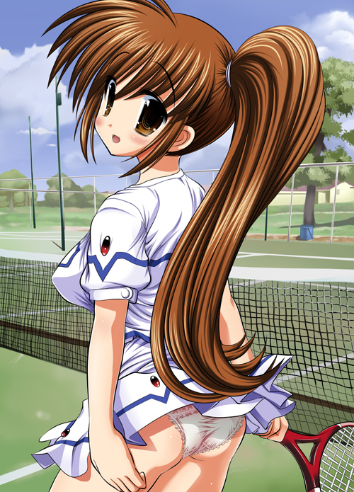 raidon, takamachi nanoha, lyrical nanoha, mahou shoujo lyrical nanoha, mahou shoujo lyrical nanoha strikers, 00s, ass, back, breasts, brown eyes, brown hair, clothes lift, frilled panties, frills, large breasts, looking back, miniskirt, panties, ponytail, racket, skirt, skirt lift, solo, sportswear, standing, tennis, tennis net, tennis racket, tennis uniform, underwear, wind