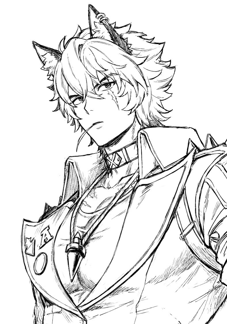 g toco, komano manato, zenless zone zero, commentary, commentary request, 1boy, animal ear fluff, animal ear piercing, animal ears, badge, button badge, choker, earrings, greyscale, hair between eyes, high collar, jacket, jewelry, lapels, leather, leather jacket, looking to the side, male focus, monochrome, mouth hold, necklace, open clothes, open jacket, pectoral cleavage, pectorals, piercing, scar, scar across eye, scar on face, shirt, short hair, sideways glance, simple background, solo, spiked jacket, spikes, stalk in mouth, upper body, white background, wing collar