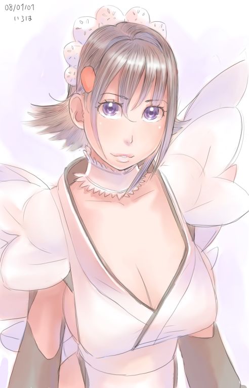 zenkou, iroha (samurai spirits), samurai spirits, 1girl, breasts, brown hair, cleavage, female focus, flipped hair, large breasts, maid, purple eyes, solo
