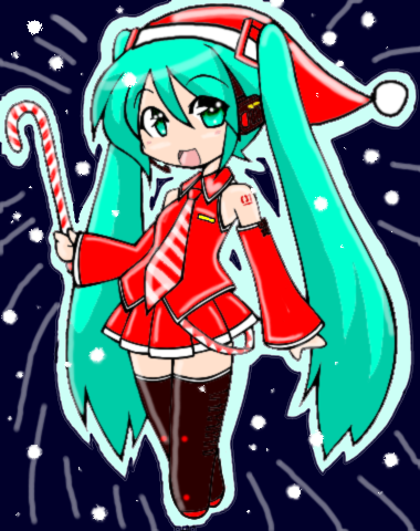 hatsune miku, vocaloid, lowres, 1girl, aqua hair, candy, candy cane, chibi, christmas, female focus, food, hat, holding, holding candy, holding candy cane, holding food, long hair, necktie, santa costume, santa hat, snow, solo, thighhighs, twintails, very long hair