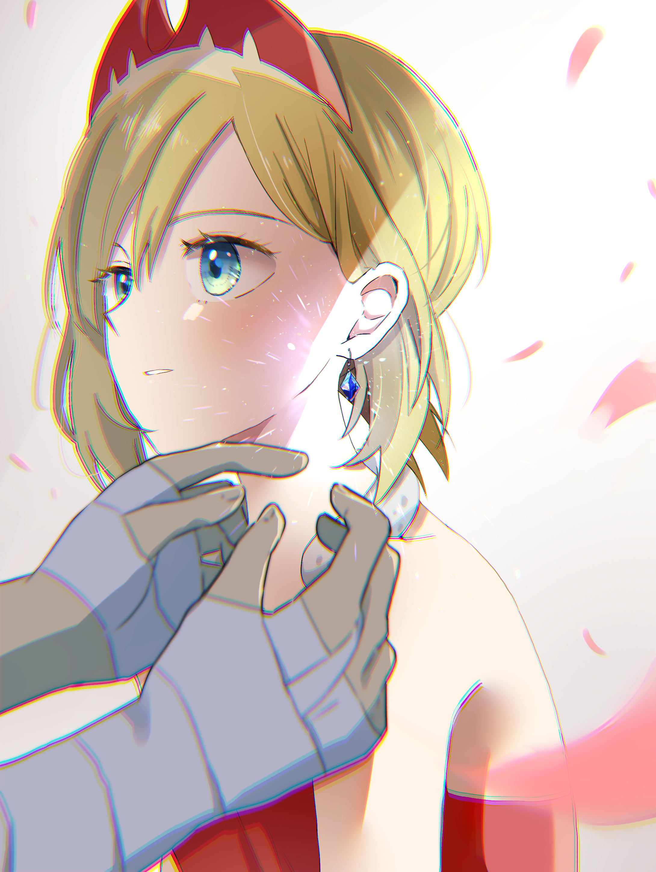 kazune (kazukana09), adaman (pokemon), irida (pokemon), nintendo, pokemon, pokemon legends: arceus, absurdres, highres, 1boy, 1girl, arm wrap, blonde hair, blue eyes, earrings, glowing, glowing earrings, jewelry, parted lips, petals, single earring, solo focus, upper body