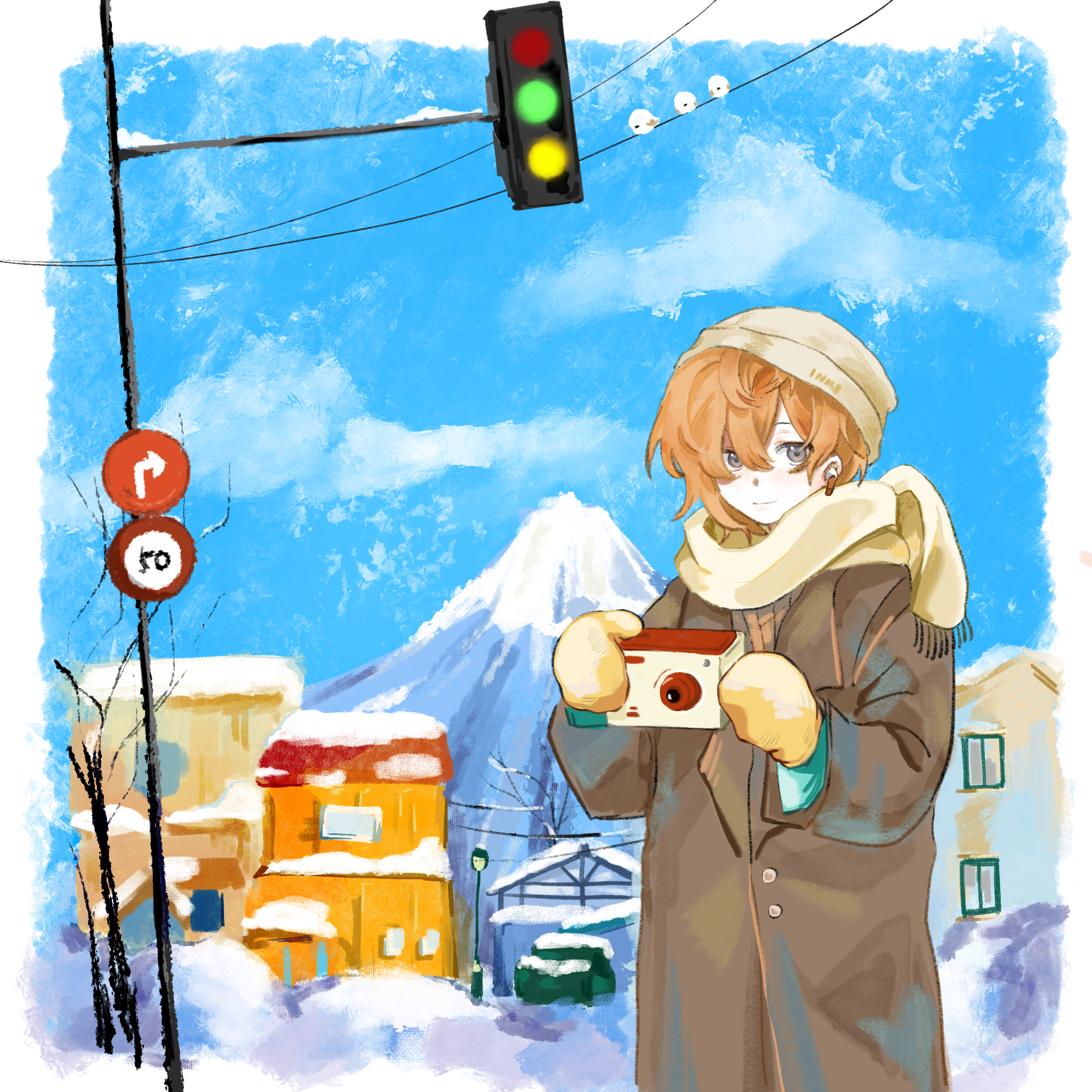 miyama kei, paradox live, highres, 1boy, asymmetrical bangs, bare tree, beanie, bird, bird on power lines, blue sky, brown coat, building, camera, closed mouth, cloud, coat, earbuds, earphones, gloves, grey eyes, hair between eyes, hat, holding, holding camera, house, jiangduming, lamppost, long sleeves, looking at viewer, mittens, mountain, multicolored eyes, open clothes, open coat, orange hair, orange mittens, outdoors, portrait, power lines, road, road sign, rural, scarf, scenery, shirt, short hair, sign, sky, smile, snow, snow on tree, solo, speed limit sign, street, town, traffic light, tree, trench coat, two-tone eyes, utility pole, winter, winter clothes, winter coat