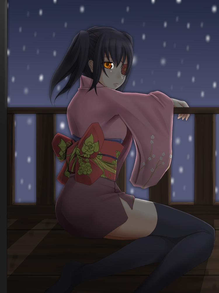 chemical-x, yagyuu kyuubei, gintama, 00s, 1girl, eyepatch, female focus, japanese clothes, kimono, outdoors, solo, thighhighs, twintails, yukata