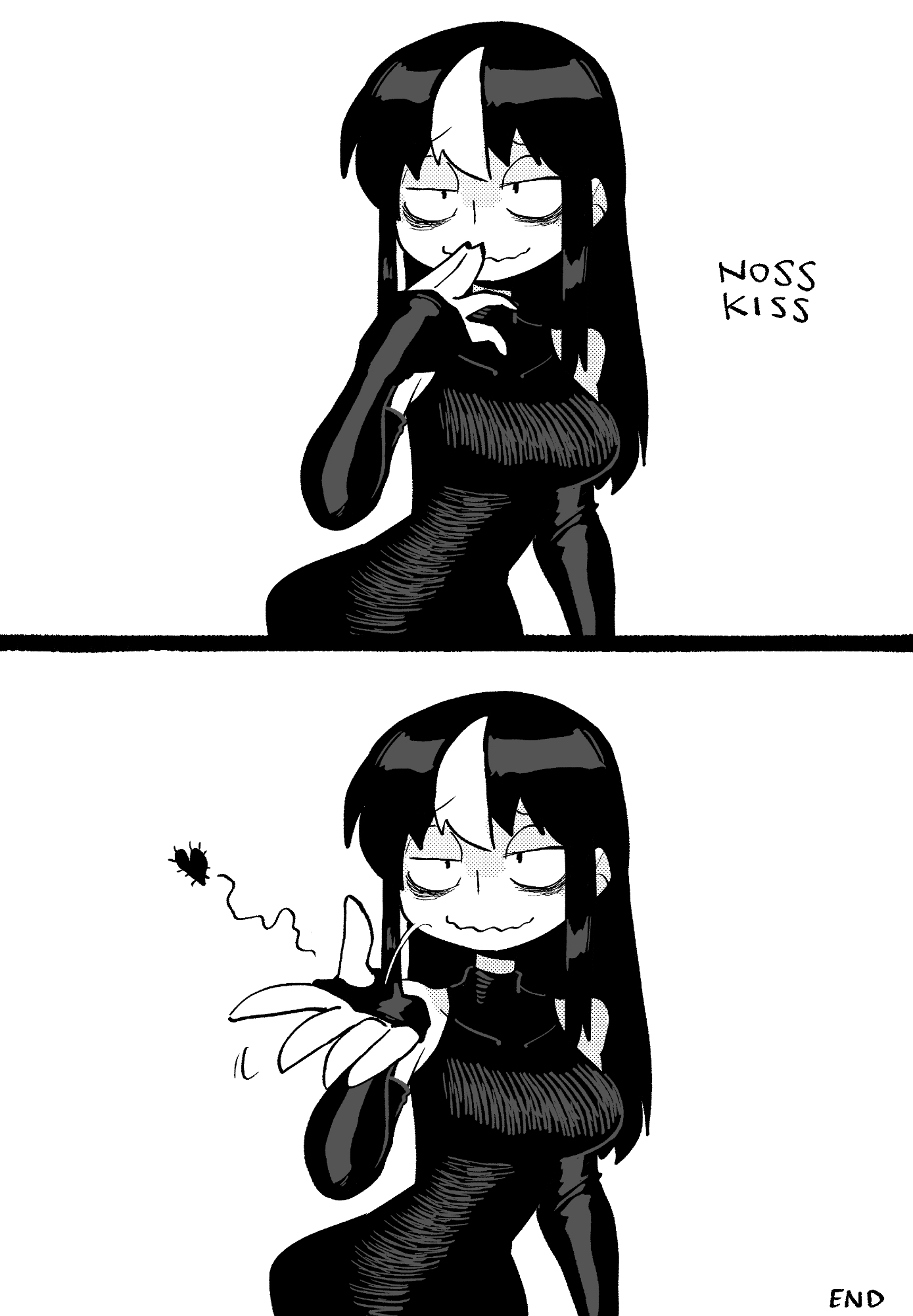 rariatto (ganguri), noss (rariatto), noss & zakuro, highres, 1girl, bags under eyes, blowing kiss, breasts, english text, half-closed eyes, large breasts, monochrome, simple background, white background