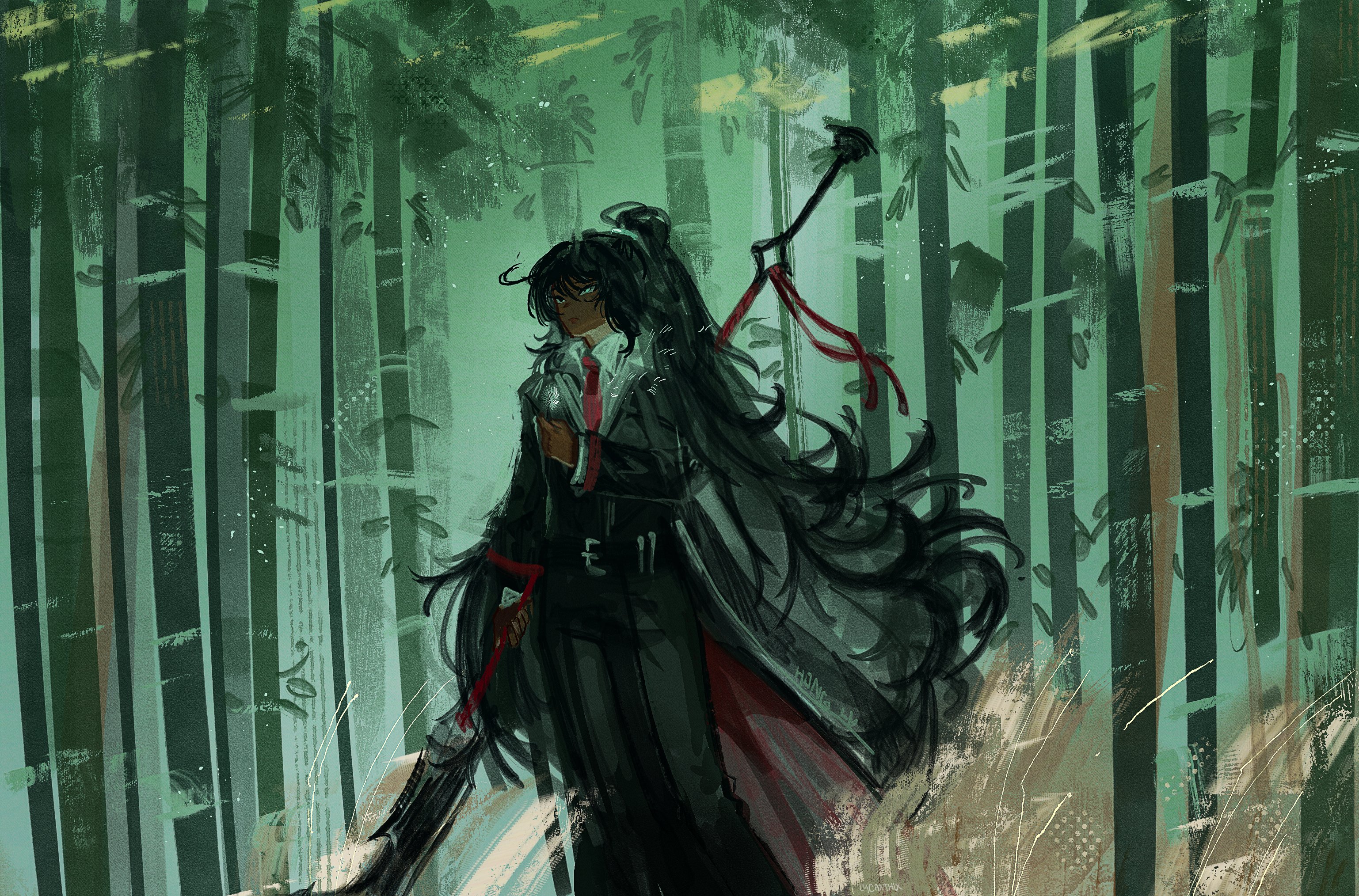 lycanthix, hong lu (project moon), limbus company, project moon, highres, 1boy, alternate skin color, bamboo, bamboo forest, black coat, black eyes, black hair, black pants, black vest, blue eyes, coat, collared shirt, dark-skinned male, dark skin, forest, guan dao, heterochromia, high ponytail, long hair, long sleeves, looking at viewer, male focus, nature, necktie, outdoors, pants, polearm, ponytail, red necktie, shirt, simple background, solo, standing, upper body, very long hair, vest, weapon, white shirt
