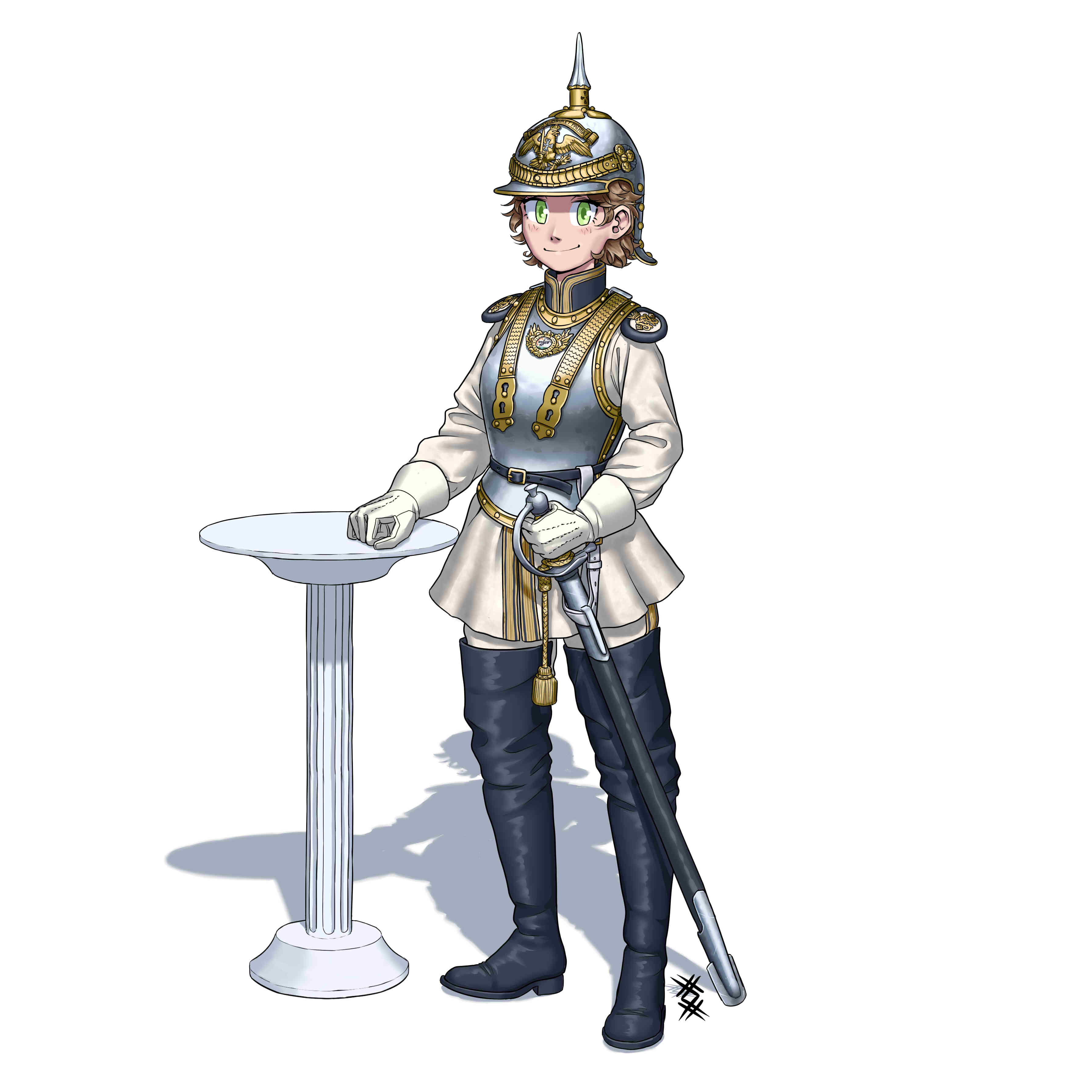 ostwindprojekt, absurdres, bad link, highres, 1girl, belt buckle, black boots, boots, buckle, cavalry, combat helmet, cuirass, cuirassier, cuirassier helmet, epaulettes, formal clothes, full body, gloves, gold trim, gorget, green eyes, hand rest, helmet, holding, holding sword, holding weapon, leather, leather boots, light blush, light smile, looking at viewer, messy hair, military uniform, pale skin, pedestal, pickelhaube, prussia, riding boots, scabbard, sheath, short hair, shoulder boards, standing, sword, sword hilt, tunic, victorian, weapon, white background, white gloves, white tunic