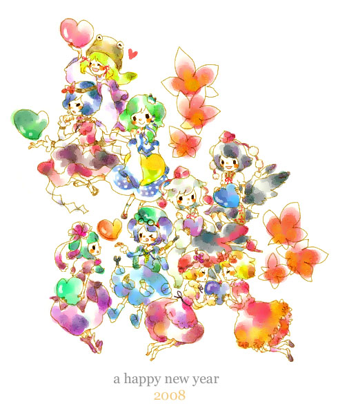 mana (artist), aki minoriko, aki shizuha, inubashiri momiji, kagiyama hina, kawashiro nitori, kochiya sanae, moriya suwako, shameimaru aya, yasaka kanako, touhou, silver hair, 00s, 2008, 6+girls, black hair, black wings, blonde hair, blue hair, blush, boots, detached sleeves, female focus, green hair, hair ribbon, hat, heart, leaf, long hair, long sleeves, maple leaf, multiple girls, new year, one eye closed, open mouth, puffy short sleeves, puffy sleeves, ribbon, rope, shimenawa, shoes, short hair, short sleeves, socks, solid circle eyes, tokin hat, white background, wings