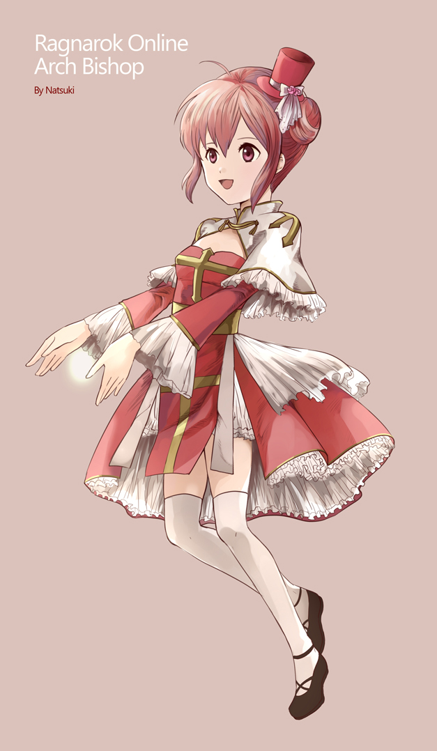 natsuki (pighair), arch bishop (ragnarok online), ragnarok online, chinese commentary, commentary request, 1girl, artist name, black shoes, bloomers, breasts, brown background, character name, cleavage cutout, clothing cutout, copyright name, cross, dress, feet out of frame, frilled dress, frilled sleeves, frills, hat, looking afar, mini hat, mini top hat, official alternate costume, open mouth, petticoat, pink eyes, pink hair, red dress, red hat, sash, shoes, short hair, simple background, small breasts, smile, solo, thighhighs, top hat, two-tone dress, underwear, white bloomers, white dress, white thighhighs, yellow sash