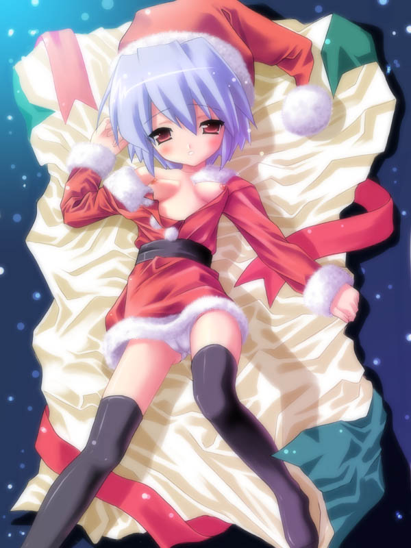 ryunnu, kotonomiya yuki, suigetsu, 1girl, belt, black thighhighs, blue hair, blush, breasts, cameltoe, christmas, dress, female focus, flat chest, hat, lying, nipples, no bra, on back, open clothes, open shirt, panties, pantyshot, red eyes, ribbon, santa costume, santa hat, shirt, short hair, solo, thighhighs, underwear, zettai ryouiki