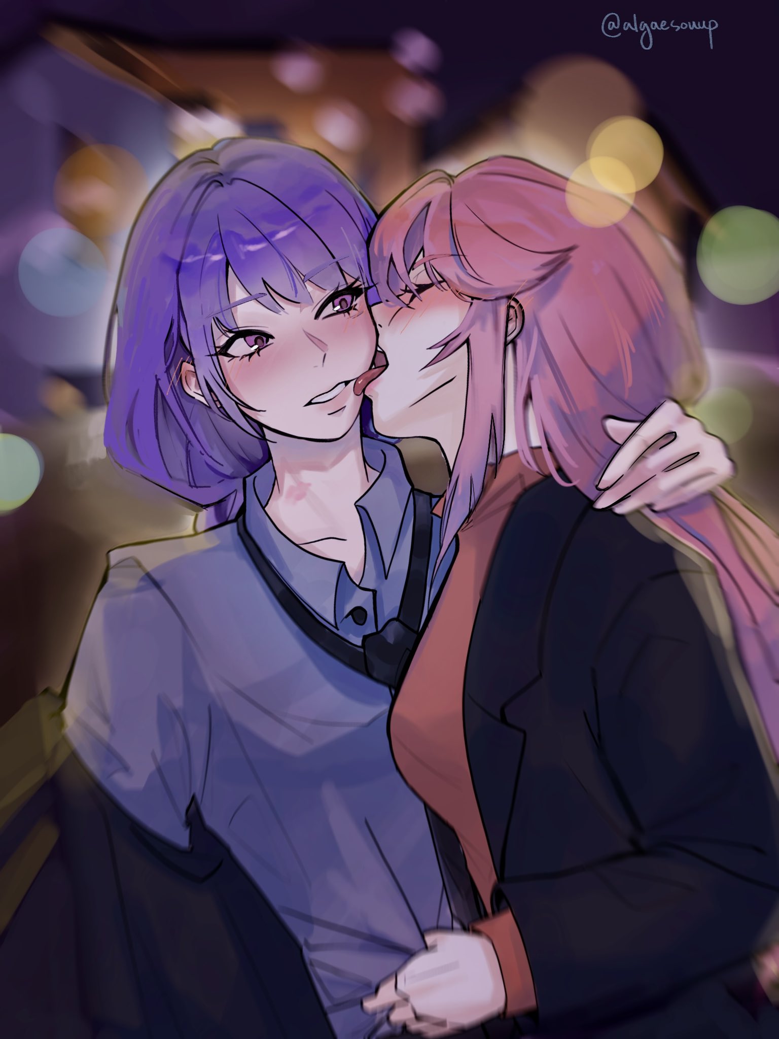 algaesouup, raiden shogun, yae miko, genshin impact, commentary, english commentary, highres, 2girls, black jacket, black necktie, blush, clothes grab, collared shirt, jacket, licking, licking another's face, lipstick mark, lipstick mark on neck, long hair, long sleeves, loose necktie, multiple girls, necktie, night, open mouth, outdoors, pink hair, purple eyes, purple hair, purple shirt, red sweater, shirt, shirt grab, sweater, tongue, tongue out, twitter username, yuri