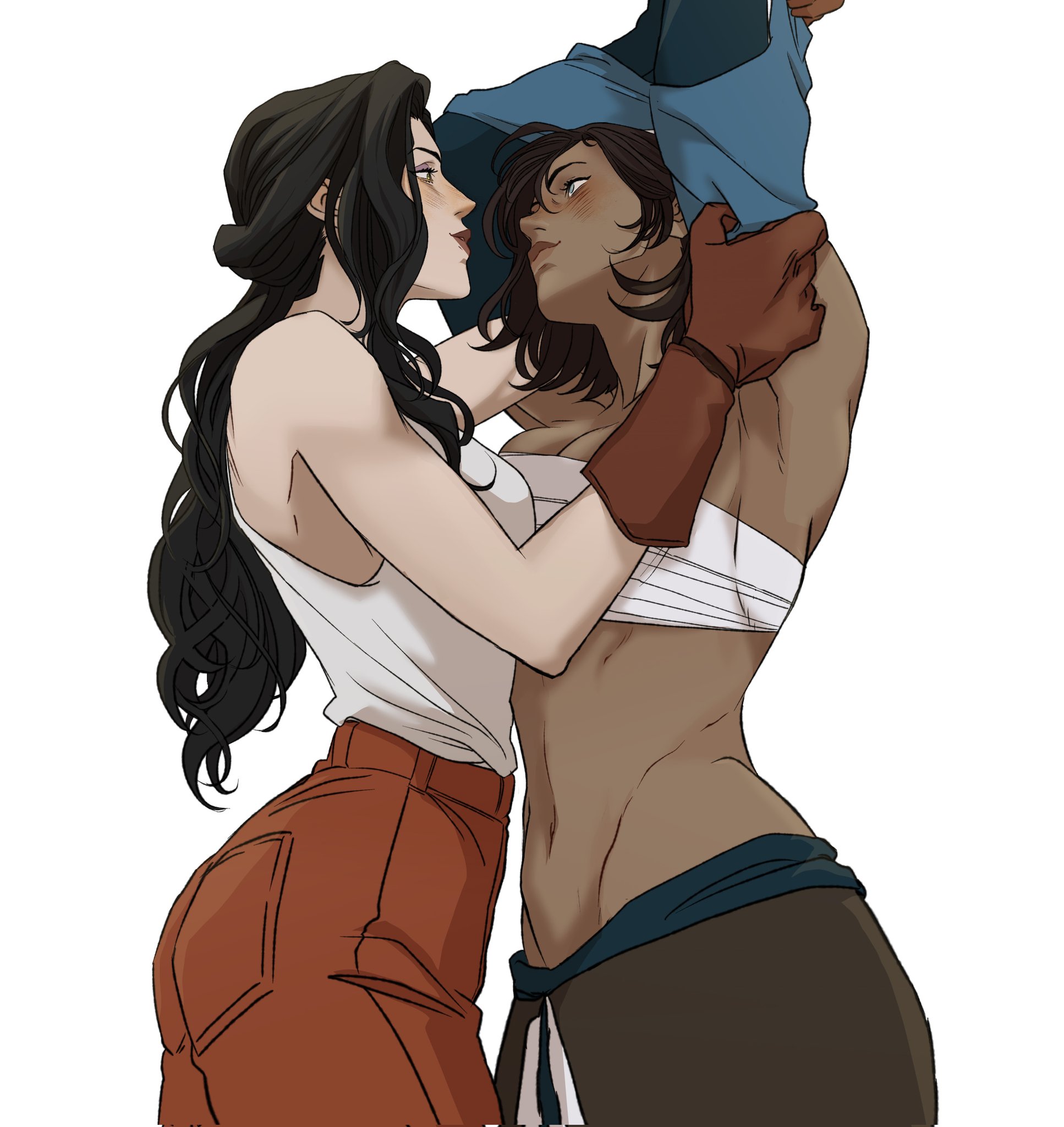 marceline2174, asami sato, korra, avatar legends, the legend of korra, commentary, english commentary, highres, 2girls, black hair, blush, brown hair, dark-skinned female, dark skin, elbow gloves, gloves, multiple girls, navel, pants, parted lips, red gloves, red pants, sarashi, simple background, smile, stomach, tank top, toned, toned female, undressing, white background, white tank top, yuri