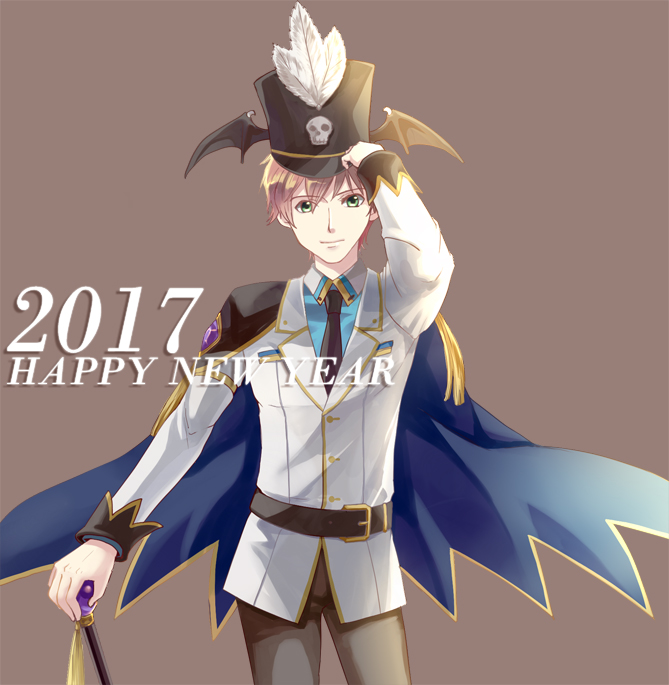 natsuki (pighair), genetic (ragnarok online), ragnarok online, commentary, english commentary, 1boy, 2017, belt, black belt, black hat, black necktie, blazer, blue cape, blue shirt, brown background, brown hair, brown pants, cape, closed mouth, collared shirt, cowboy shot, green eyes, happy new year, hat, hat ornament, jacket, looking at viewer, male focus, necktie, new year, pants, plume, shako cap, shirt, short hair, simple background, skull hat ornament, smile, solo, white jacket, winged hat