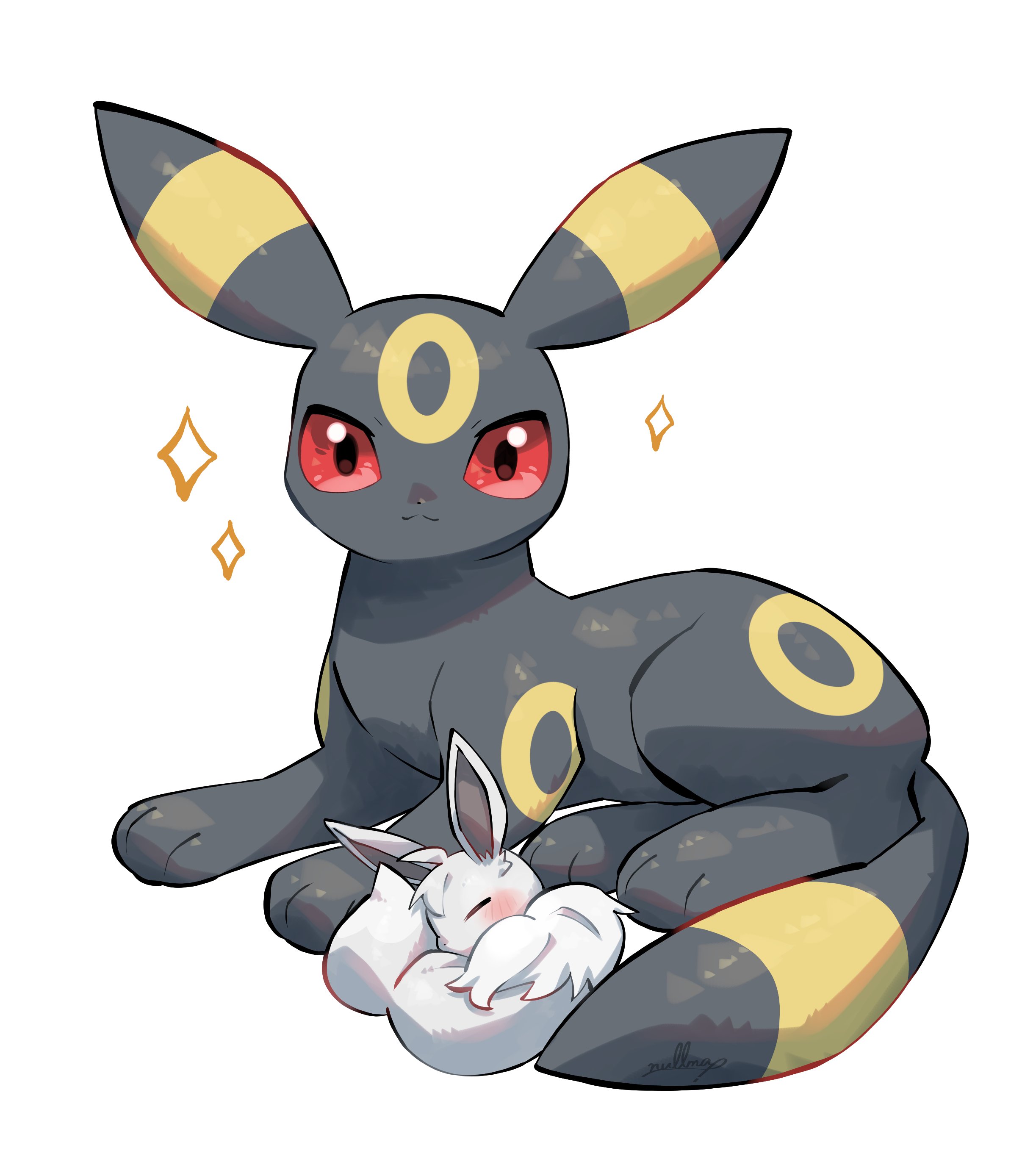 nullma, eevee, umbreon, nintendo, pokemon, absurdres, commentary request, highres, alternate color, black eyes, blush, closed mouth, colored sclera, gen 1 pokemon, gen 2 pokemon, looking at viewer, lying, no humans, pokemon (creature), pokemon focus, red sclera, shiny pokemon, simple background, smile, solo, white background
