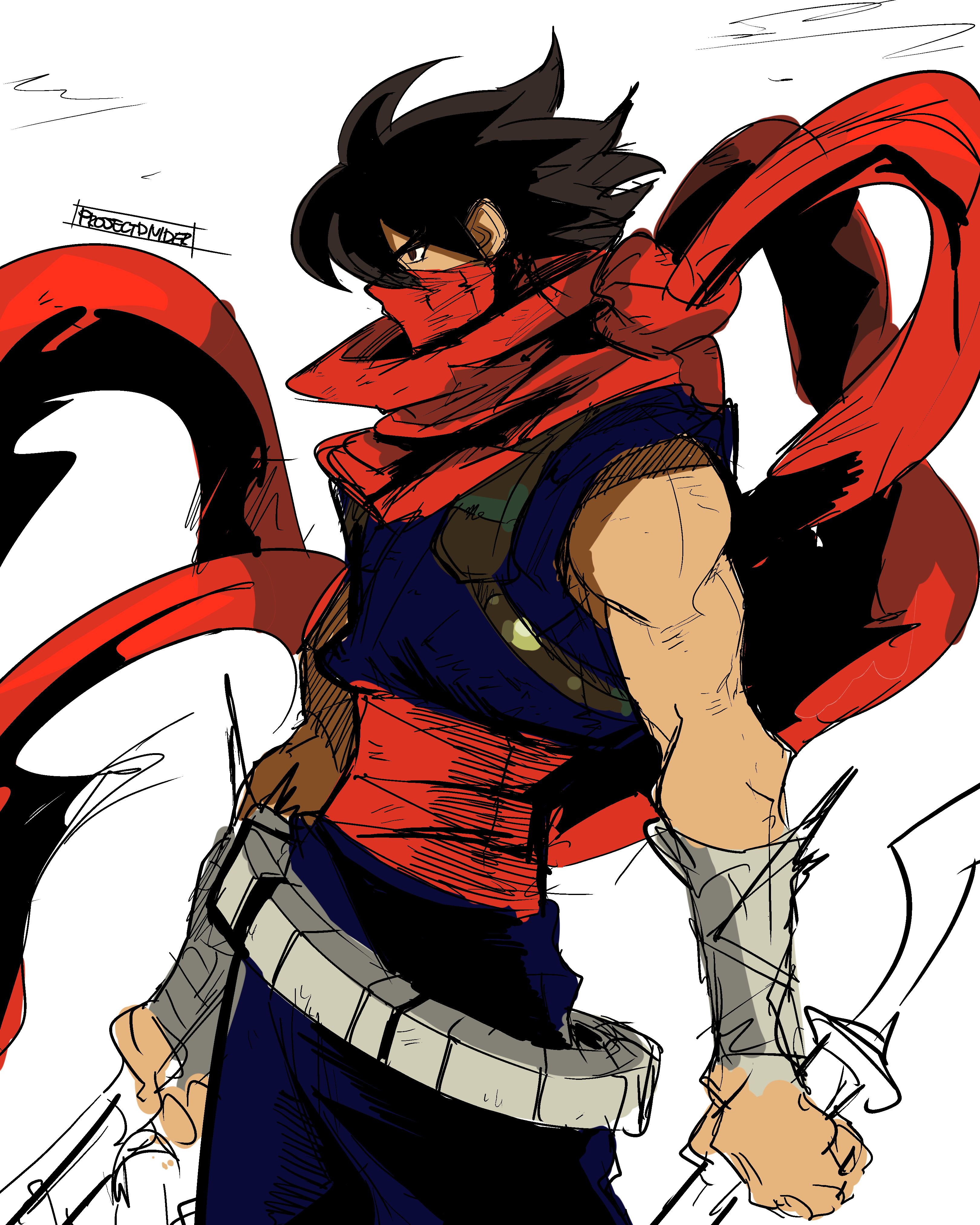 projectdivider, strider hiryuu, strider (video game), absurdres, commentary, english commentary, highres, unfinished, 1boy, bare shoulders, belt, blue pants, blue shirt, bracer, brown eyes, brown hair, covered mouth, cowboy shot, dual wielding, from side, holding, holding sword, holding weapon, looking ahead, male focus, ninja, pants, parted bangs, profile, red scarf, scarf, shirt, short hair, sleeveless, solo, sword, toned, toned male, weapon, white background, white belt