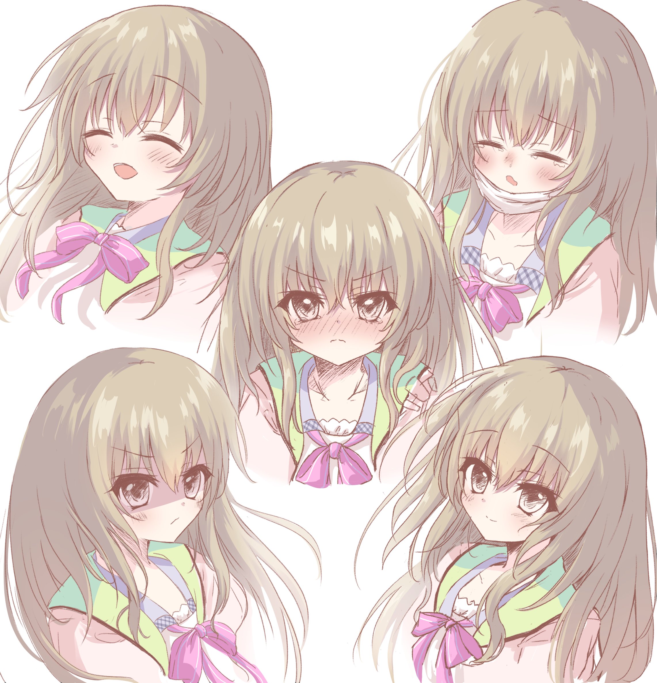 tatika714, kujou miyako, 9-nine-, commentary, highres, >:(, 1girl, :d, = =, ^ ^, angry, blush, bow, bowtie, brown hair, cardigan, closed eyes, closed mouth, cropped torso, embarrassed, eyes visible through hair, floating hair, frown, hair between eyes, hakusen academy school uniform, happy, long hair, looking at viewer, mask, mouth mask, multiple views, nose blush, open cardigan, open clothes, open mouth, pink bow, pink bowtie, pink cardigan, school uniform, shaded face, sick, sidelocks, simple background, smile, split mouth, tearing up, tears, upper body, v-shaped eyebrows, white background