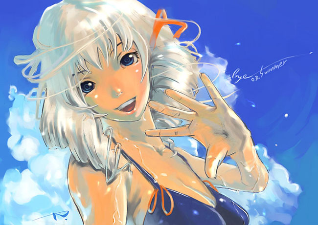 1girl, bikini, blue eyes, cloud, day, drill hair, female focus, sky, smile, solo, swimsuit, white hair
