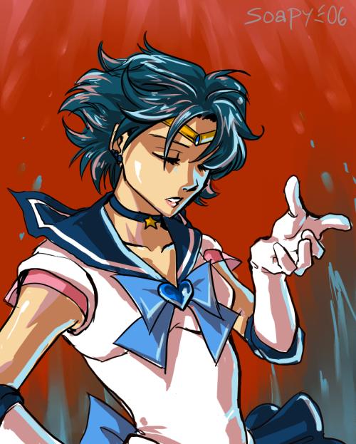 mizuno ami, sailor mercury, super sailor mercury, bishoujo senshi sailor moon, 1990s (style), 1girl, blue eyes, blue hair, blue sailor collar, blue skirt, brooch, choker, closed eyes, elbow gloves, female focus, gloves, heart, heart brooch, jewelry, magical girl, matching hair/eyes, retro artstyle, sailor collar, short hair, skirt, solo