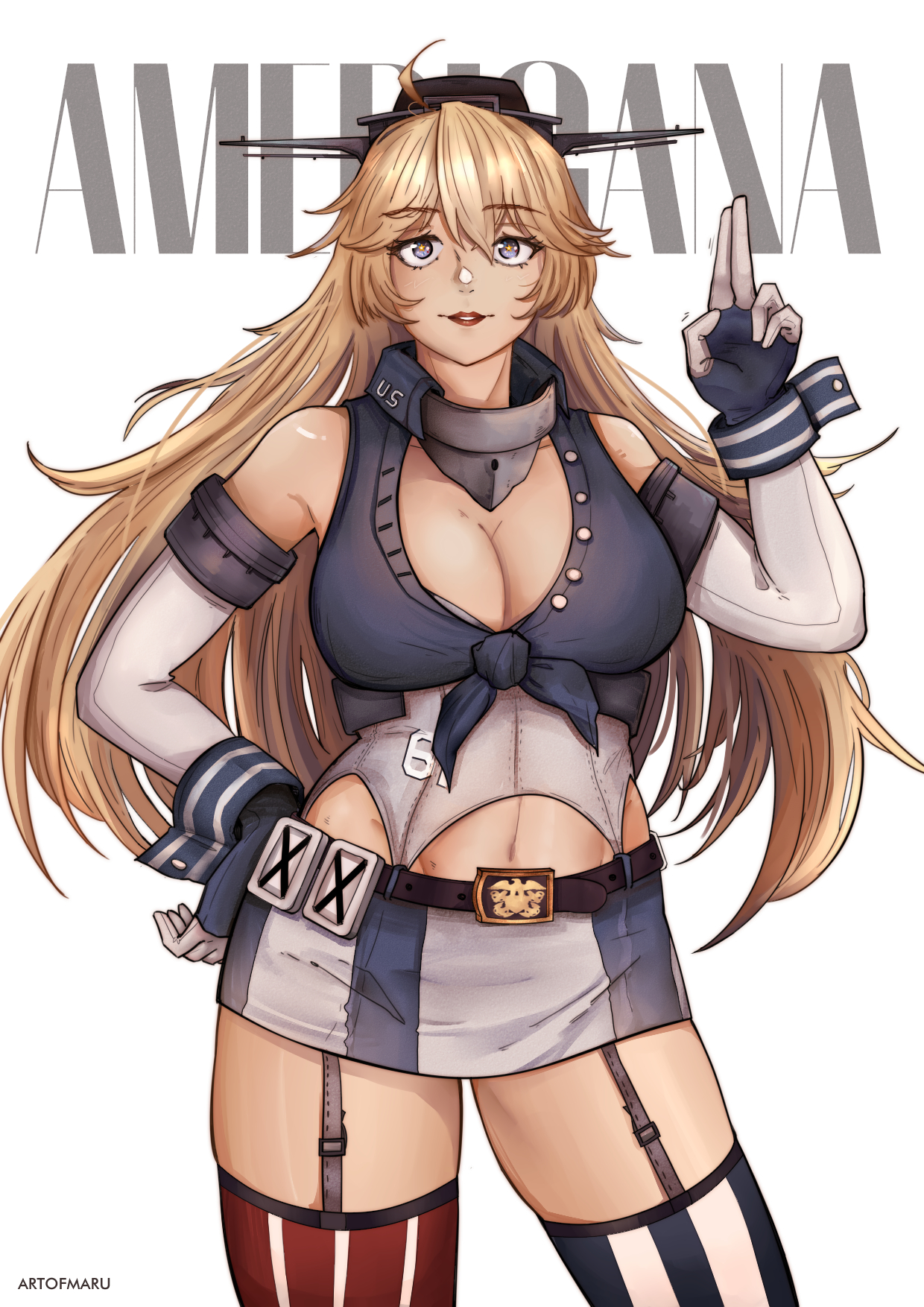 bananamaru, iowa (kancolle), kantai collection, highres, 1girl, american flag legwear, blonde hair, blue eyes, blush, breasts, brown hair, character name, cleavage, elbow gloves, fingerless gloves, flag print, garter straps, gloves, hair between eyes, headgear, large breasts, long hair, looking at viewer, skirt, smile, solo, star-shaped pupils, star (symbol), striped clothes, striped skirt, symbol-shaped pupils, thighhighs, vertical-striped clothes, vertical-striped skirt