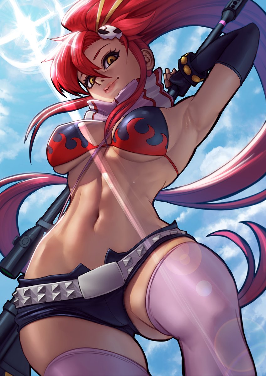 zetman92, yoko littner, tengen toppa gurren lagann, highres, 1girl, anti-materiel rifle, belt, bikini, bikini top only, bracelet, breasts, cleavage, fingerless gloves, flame print, gloves, gun, hair ornament, hair stick, jewelry, large breasts, long hair, navel, no shirt, pink thighhighs, ponytail, red hair, rifle, scarf, short shorts, shorts, skull hair ornament, smile, sniper rifle, solo, striped clothes, striped scarf, studded belt, studded bracelet, swimsuit, thighhighs, weapon, yellow eyes