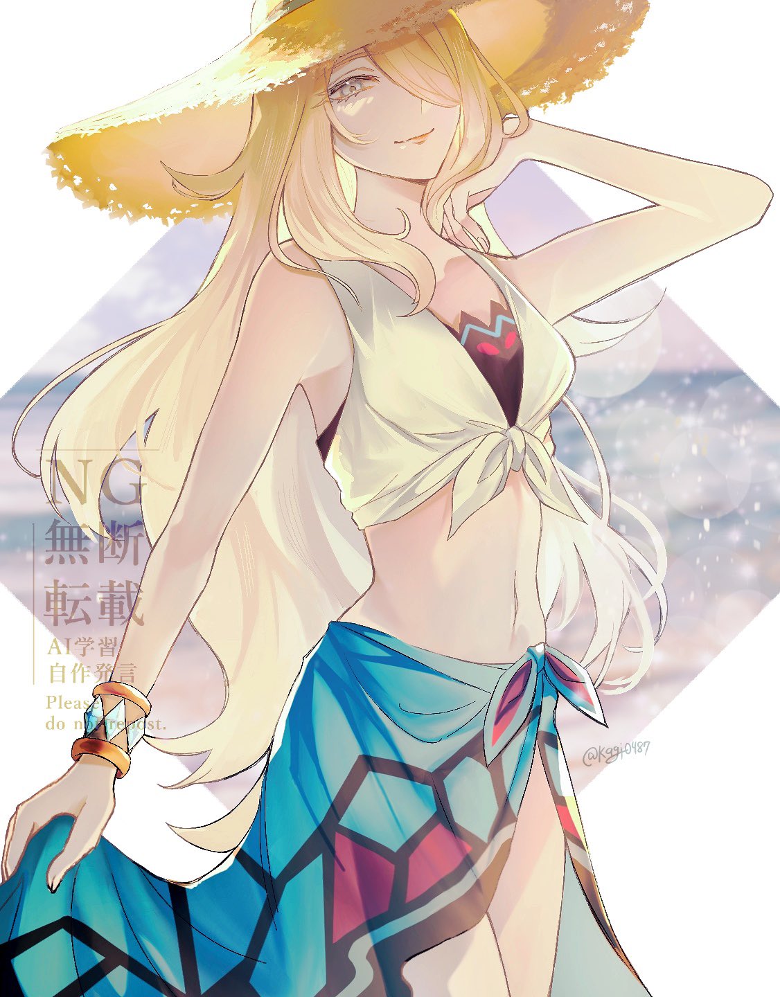 kagi0487 (weiss 9610), cynthia (pokemon), cynthia (summer 2025) (pokemon), nintendo, pokemon, pokemon masters ex, highres, 1girl, bare shoulders, beach, bikini, blonde hair, blue sarong, bracelet, breasts, brown hat, closed mouth, crop top, grey eyes, hair over one eye, hat, jewelry, long hair, looking at viewer, midriff, navel, ocean, official alternate costume, sarong, shirt, smile, solo, straw hat, sun hat, swimsuit, tied shirt, very long hair, water