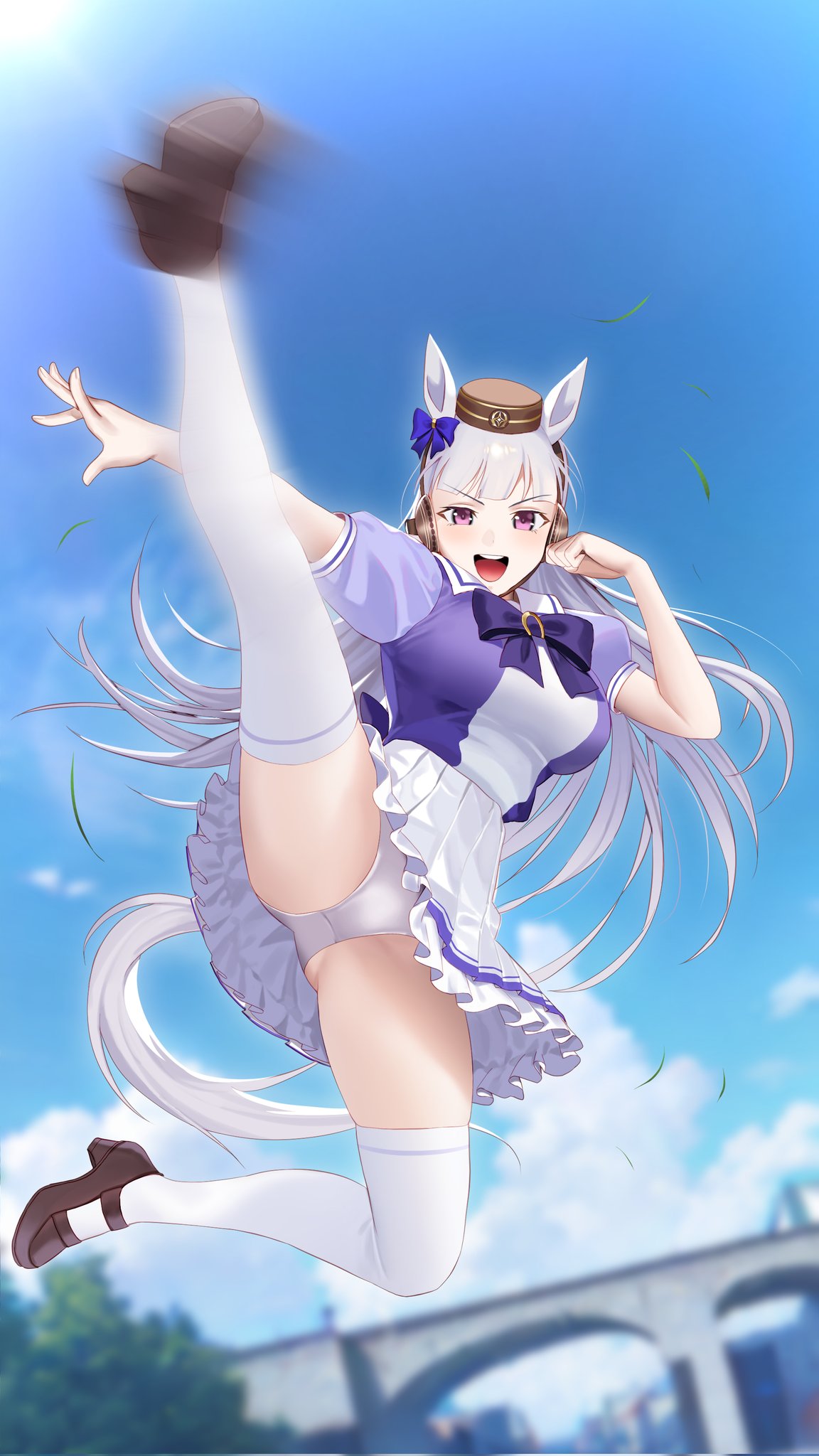 ugohato, gold ship (umamusume), the king of fighters, umamusume, commentary, highres, symbol-only commentary, 1girl, animal ears, blue sky, bow, bowtie, breasts, brown shoes, cloud, cloudy sky, flying kick, full body, genocide cutter, hair bow, hat, horse ears, horse girl, horse tail, horseshoe ornament, kicking, long hair, motion blur, open mouth, outdoors, panties, purple bow, purple eyes, school uniform, shoes, skirt, sky, solo, tail, teeth, thighhighs, tracen school uniform, underwear, upper teeth only, white hair, white panties, white skirt, white thighhighs