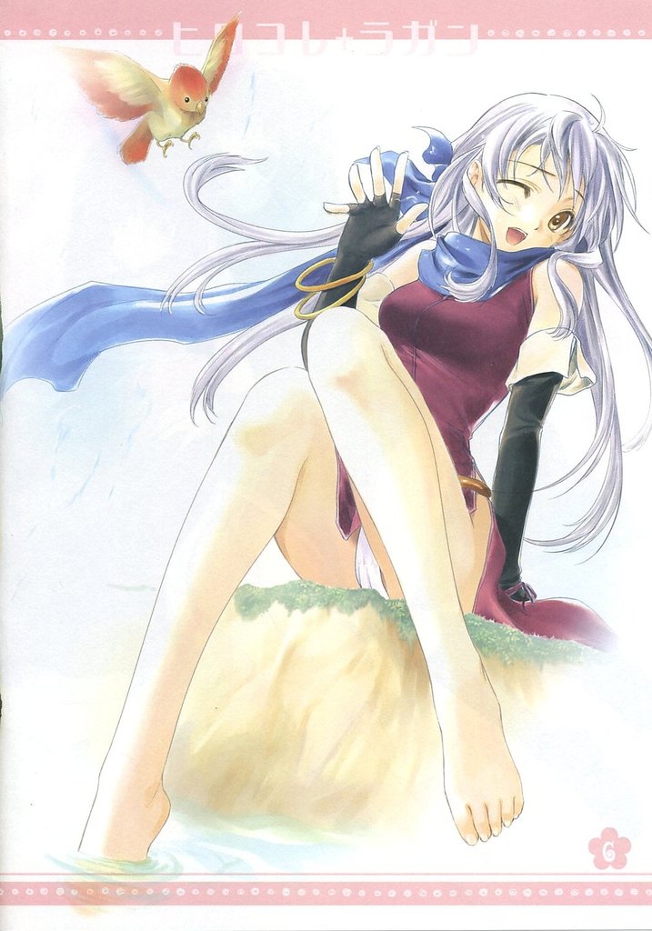 masaharu, micaiah (fire emblem), fire emblem, fire emblem: radiant dawn, nintendo, silver hair, scan, 1girl, :d, ;d, arm support, bare shoulders, barefoot, bird, black gloves, blue scarf, bracelet, brown eyes, cameltoe, dress, elbow gloves, feet, female focus, fingerless gloves, gloves, grass, jewelry, legs, long hair, no legwear, one eye closed, open mouth, outdoors, panties, pantyshot, scarf, side slit, sitting, sky, sleeveless, sleeveless dress, smile, soaking feet, solo, underwear, water, white panties, wink, yellow eyes
