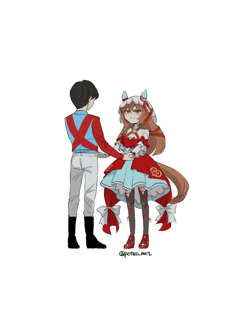 poteo (poteo mot), still in love (umamusume), real life, umamusume, commentary request, highres, 1boy, 1girl, :|, animal ears, bare shoulders, black hair, blush, brown hair, closed mouth, detached sleeves, dress, holding hands, horse ears, horse girl, horse tail, long hair, looking at another, miyuki hideaki, multicolored dress, pants, red dress, red eyes, red shoes, shoes, short hair, simple background, tail, twitter username, veil, white background, white pants, white veil
